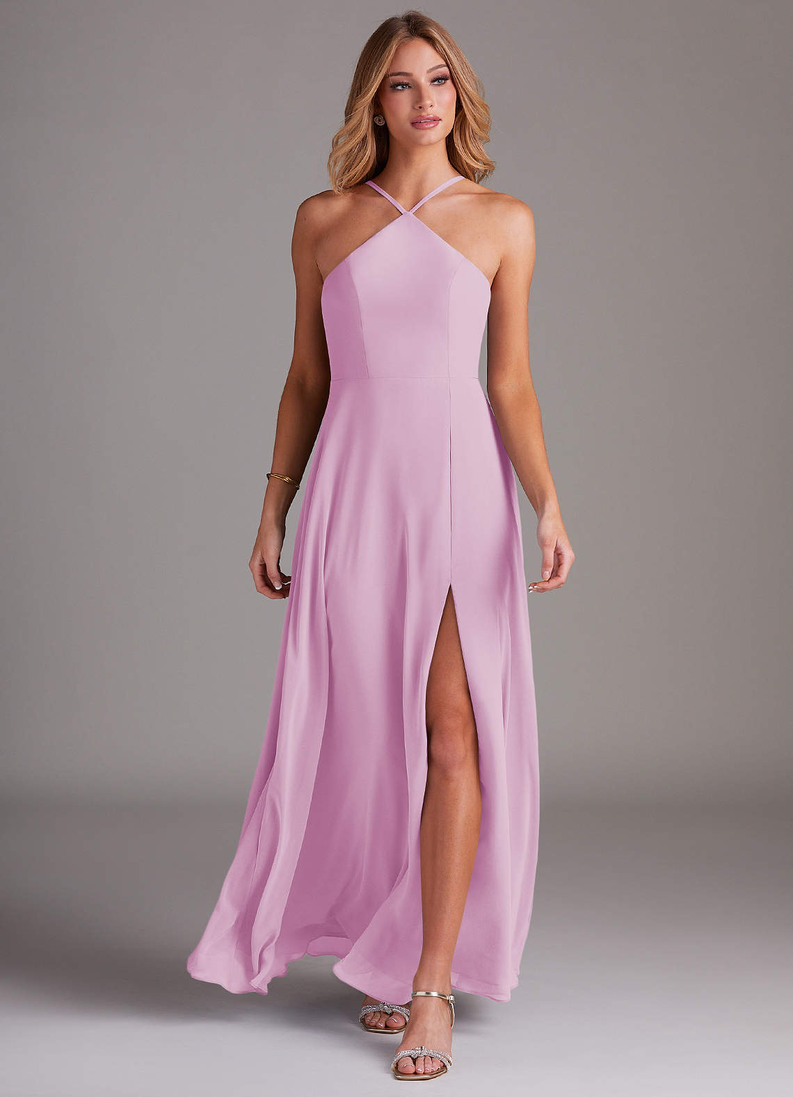 pink chiffon high low dress High Neck Backless Pleated Maxi Dress In Pink Chiffon | EGO US