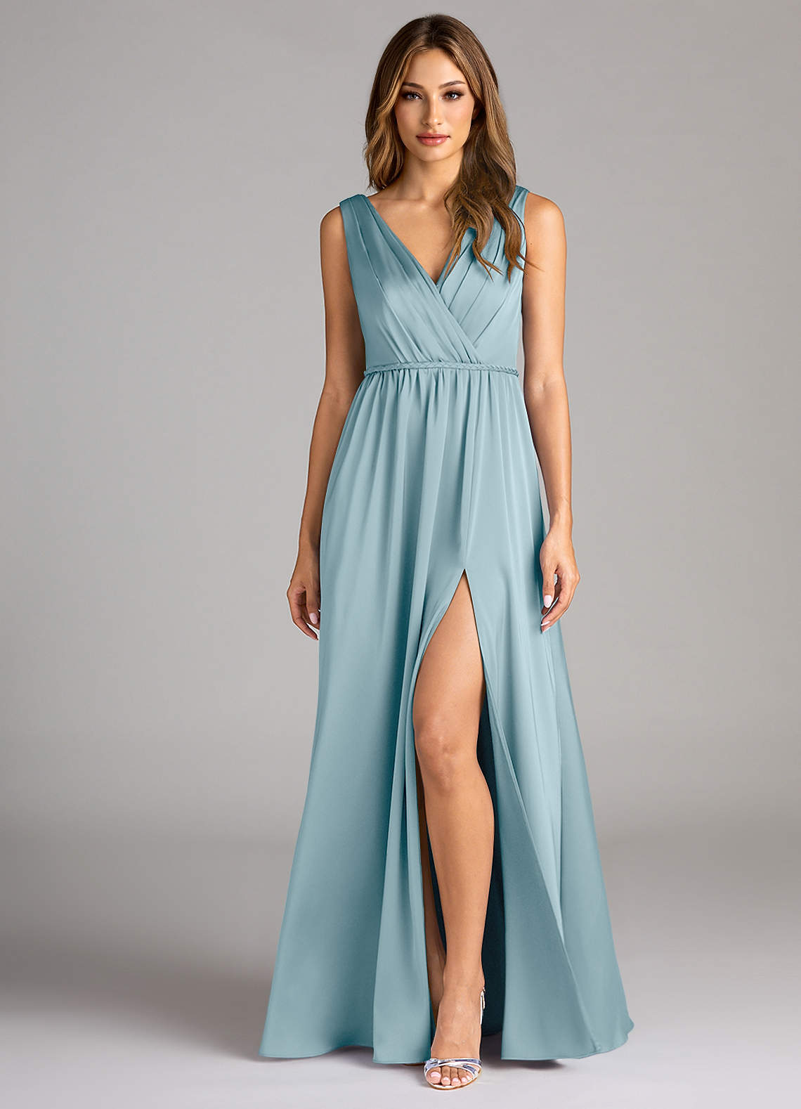 Azazie Tanicia Bridesmaid Dresses Moody Blue A-Line Pleated Stretch Satin Dress image1