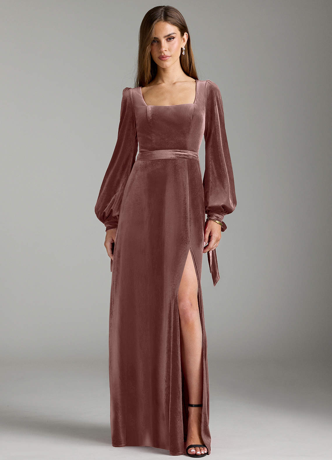 Azazie Leonia Bridesmaid Dresses Espresso A-Line Long Sleeve Velvet Dress image1