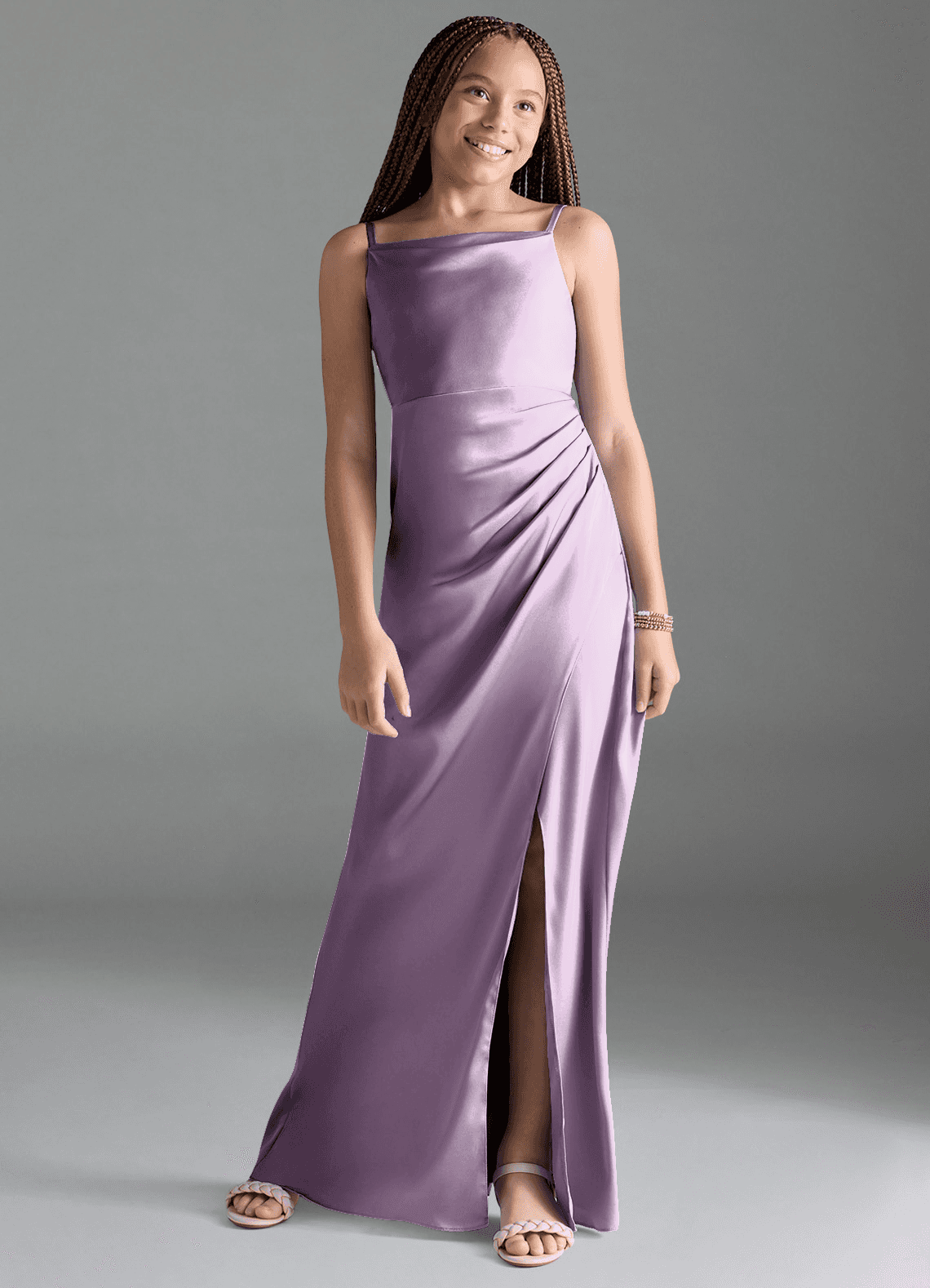 Azazie Leonis Junior Frosted Lilac A-Line Pleated Stretch Satin Dress image1