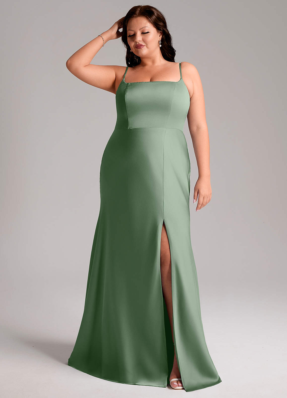 Azazie Lidia Abiti da Damigella Abito Sirena in Raso Elasticizzato Spacco Laterale Matcha image1