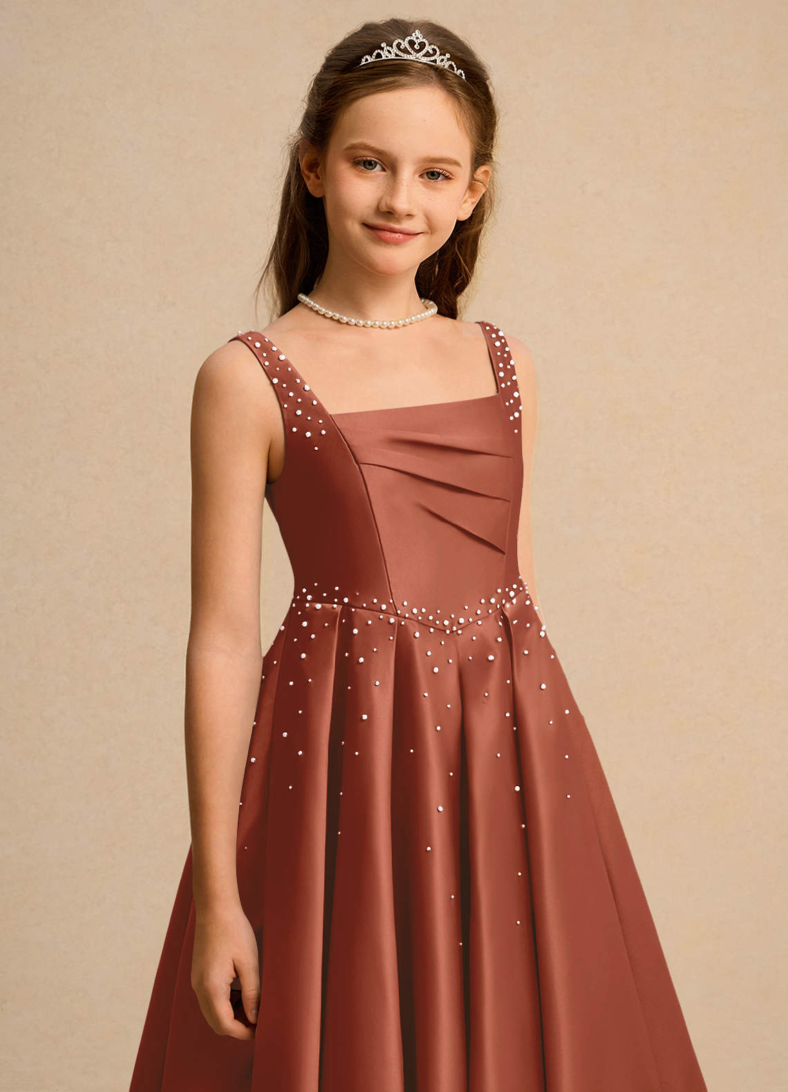 Azazie Mochi Girls Formal Vestidos de florista Vestido Castanho Aloirado de Cetim fosco de Vestido de baile com Plissado image6