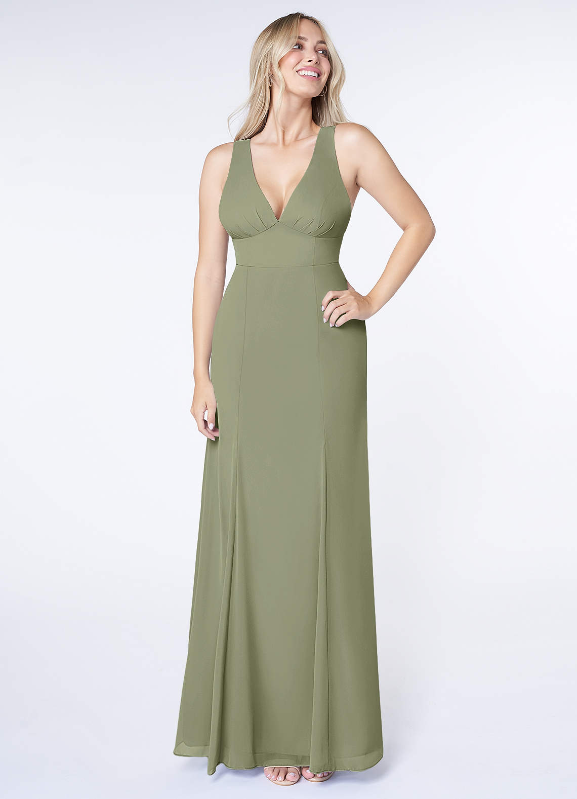Azazie Christiana At-home Try On Dresses Dusty Blue A-Line V-Neck Pleated Chiffon Dress image1