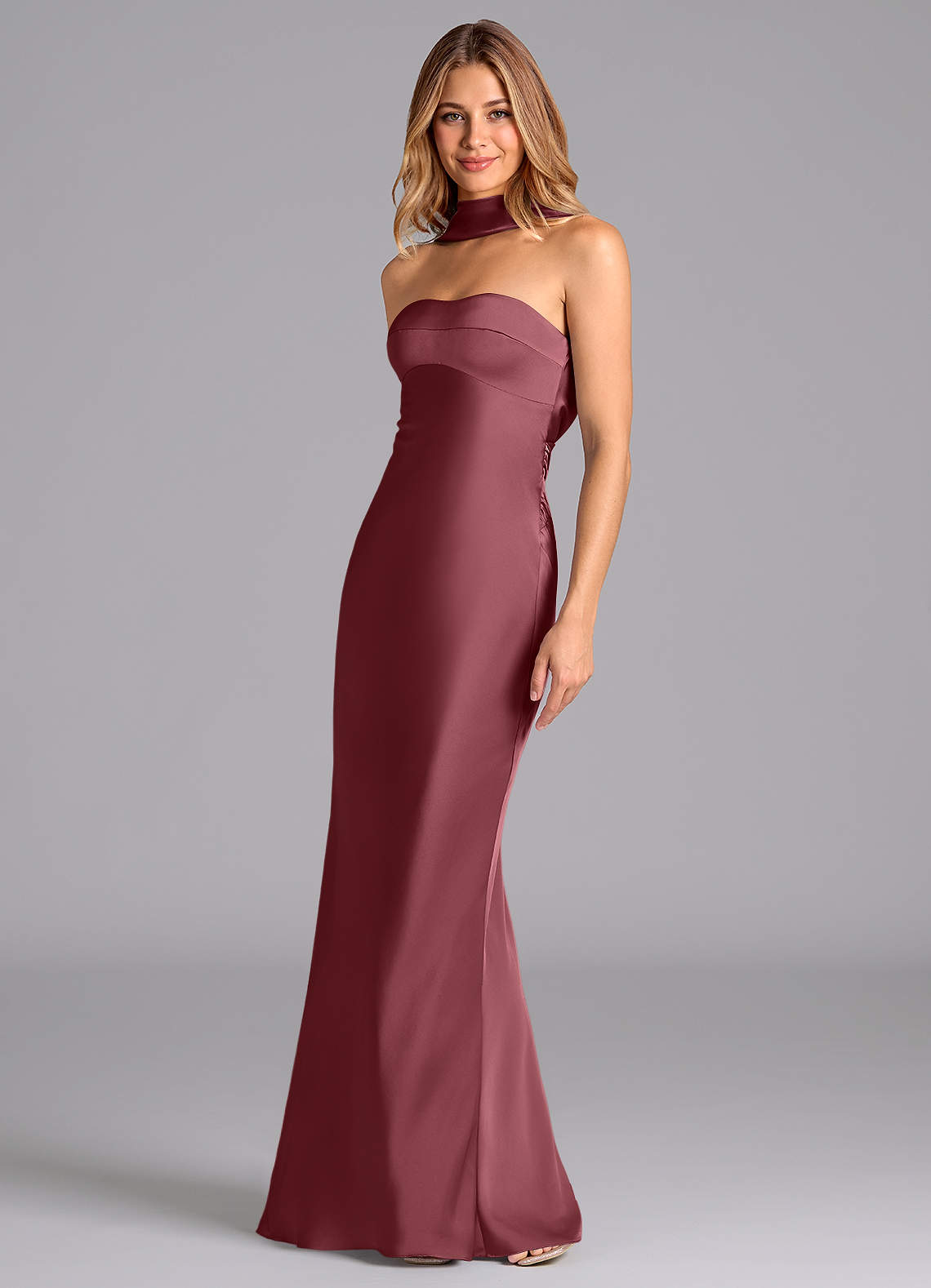 Azazie Lusinda Bridesmaid Dresses Desert Rose Mermaid Strapless Stretch Satin Dress image1