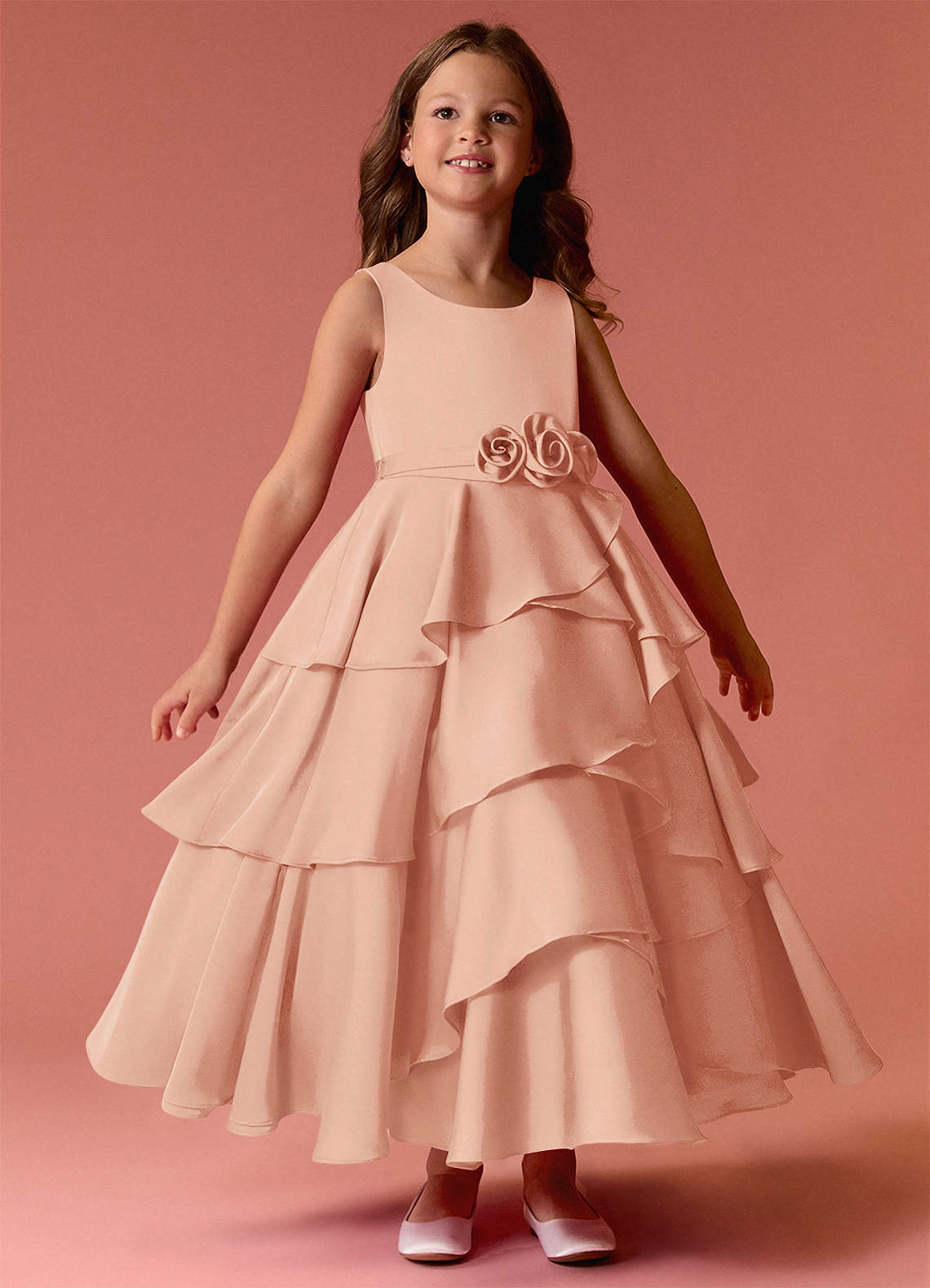 Barbie ♥ Azazie Flower Girl Dresses Scoop Floral Belt Tier Stretch Satin A-Line Dress image4