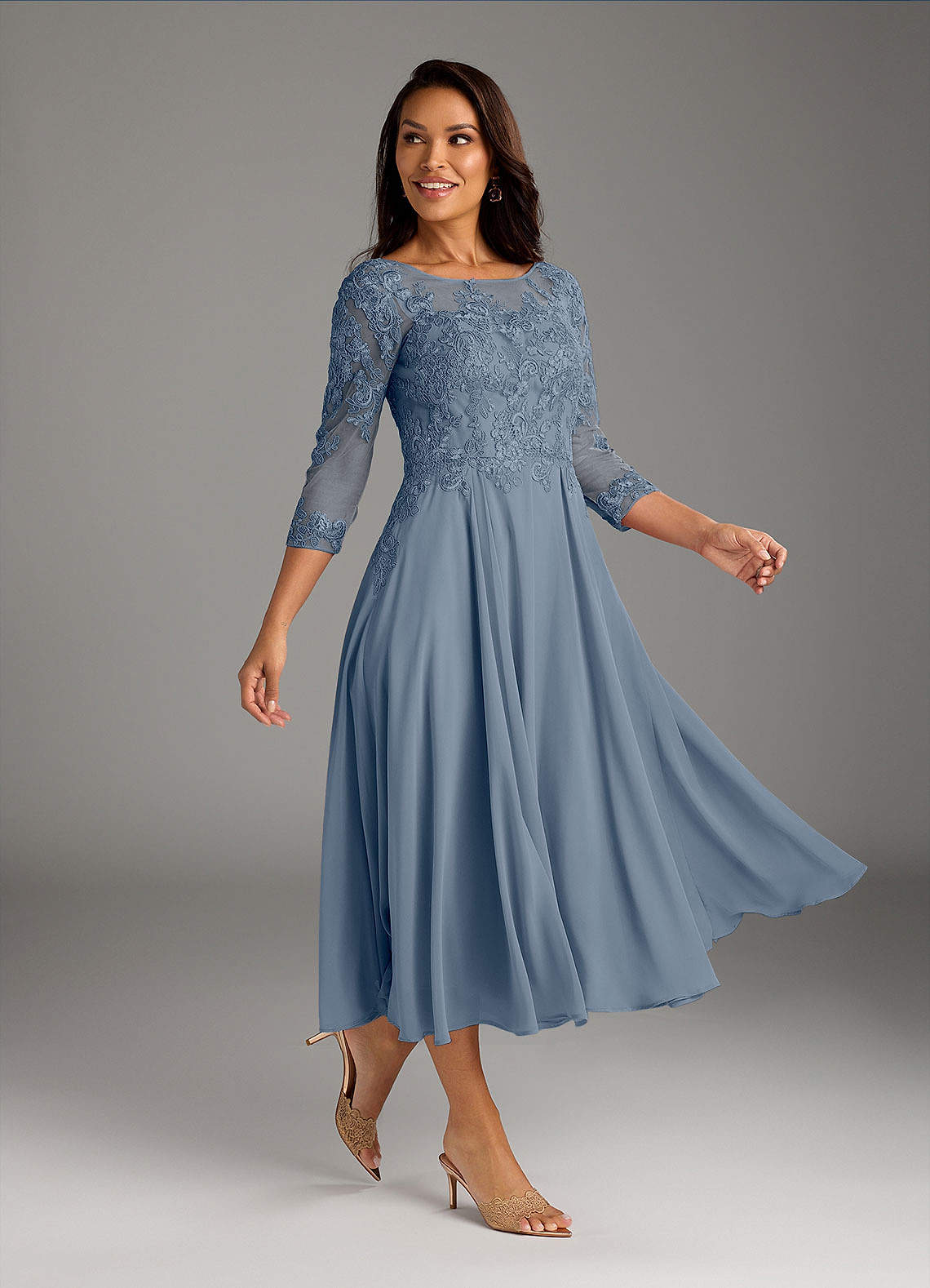 Azazie Marge Brudens mor kjoler A-Line Scoop Blonde Chiffon Te-længde Kjole image1