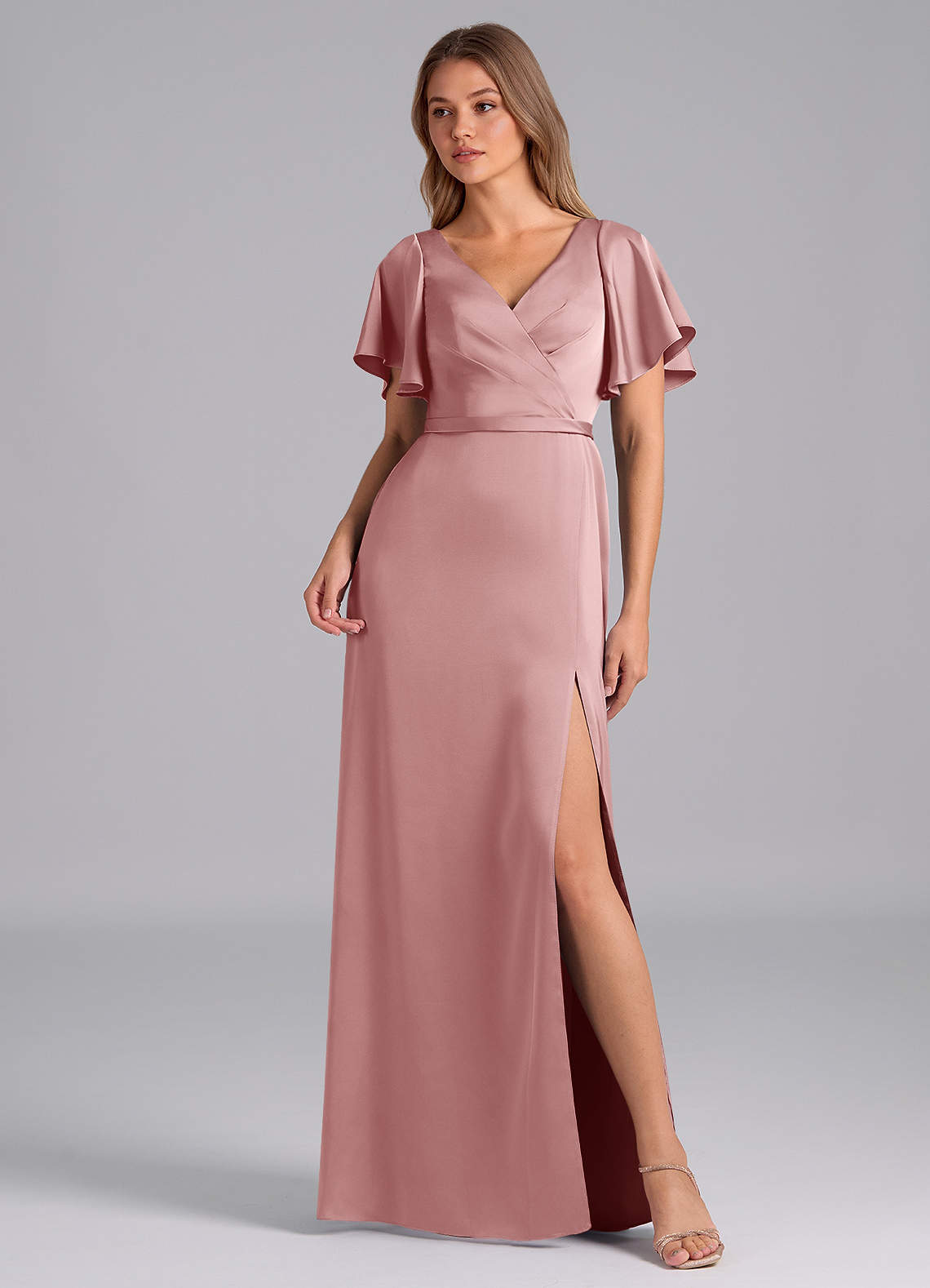 Azazie Ambrosia Bridesmaid Dresses Dusty Rose A-Line Pleated Stretch Satin Dress image1