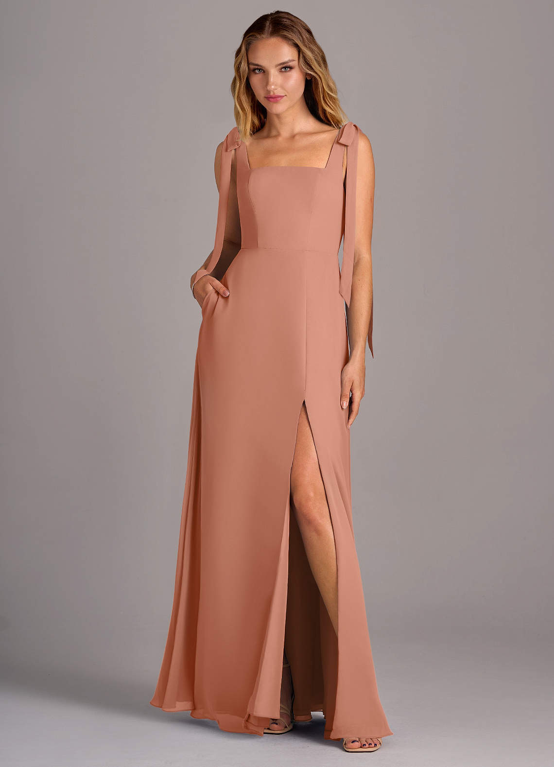 Azazie Debra Bridesmaid Dresses MAI TAI A-Line with Pockets Chiffon Convertible Dress image1
