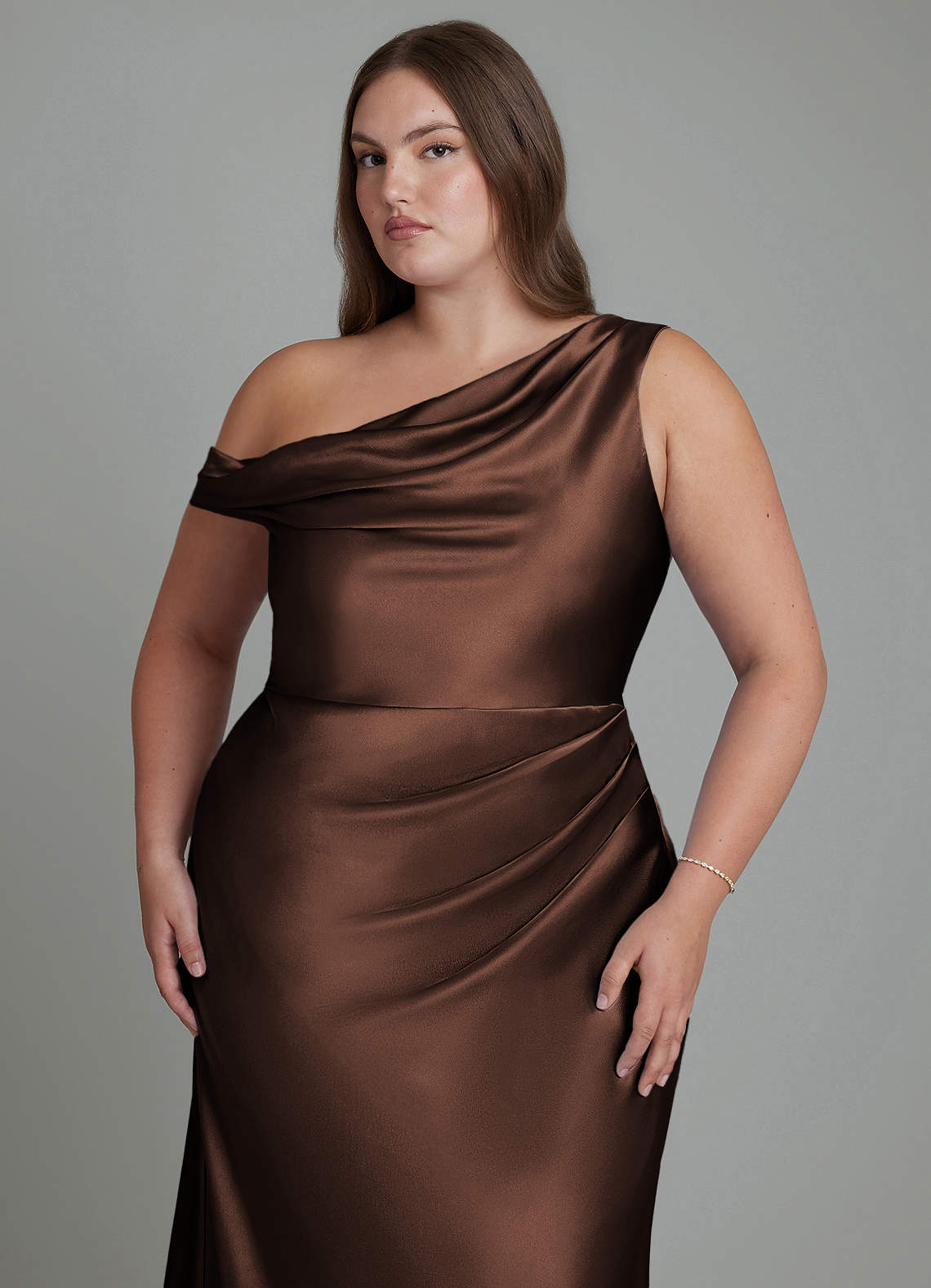 Azazie Emerson Bridesmaid Dresses Ganache Mermaid Off the Shoulder Metallic Satin Dress image11