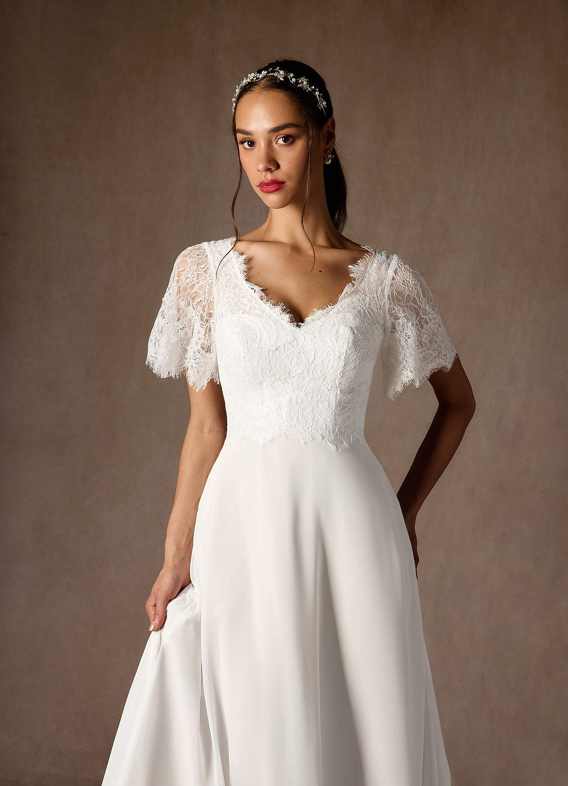 Azazie Veradis Wedding Dresses Diamond White A-Line V-Neck lace Chiffon Dress image3