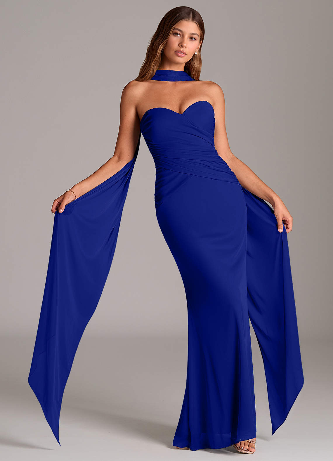 Azazie Katelyn Jurken voor bruidsmeisjes Converteerbaar Jurk van Mesh met Kolom Strapless Koningsblauw image1
