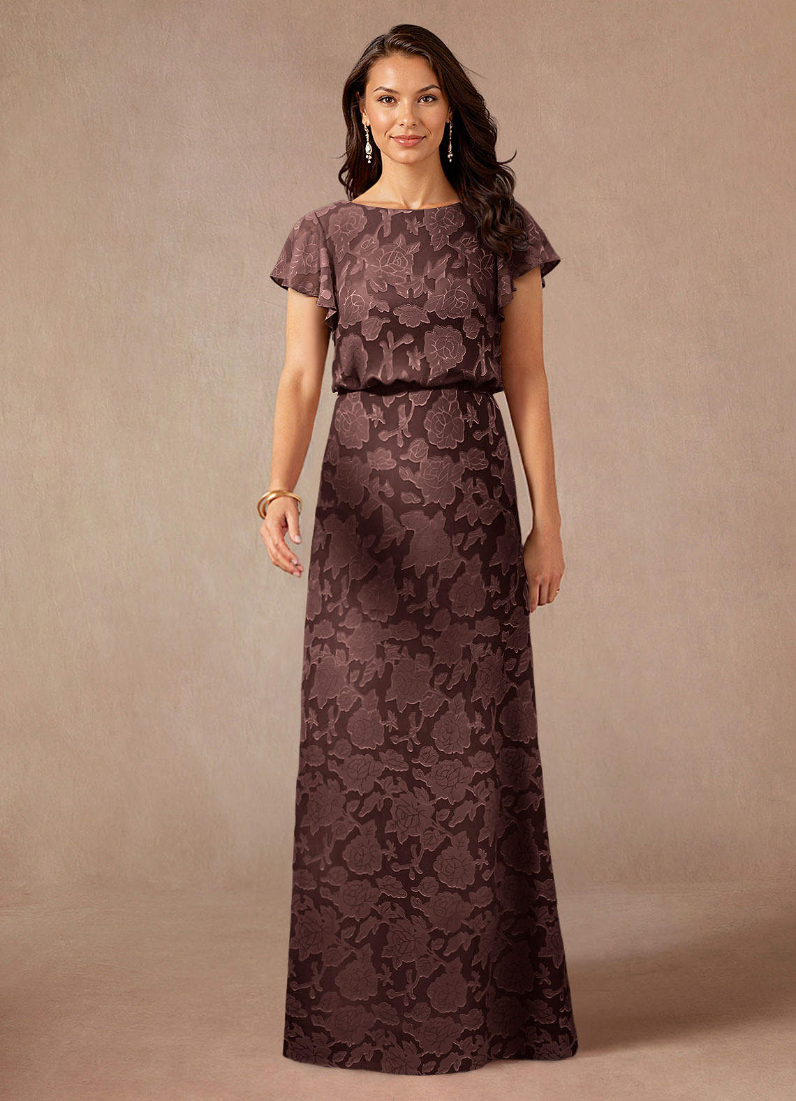 Azazie Lehi Mother of the Bride Dresses Espresso A-Line Boatneck Floral Burnout Dress image3