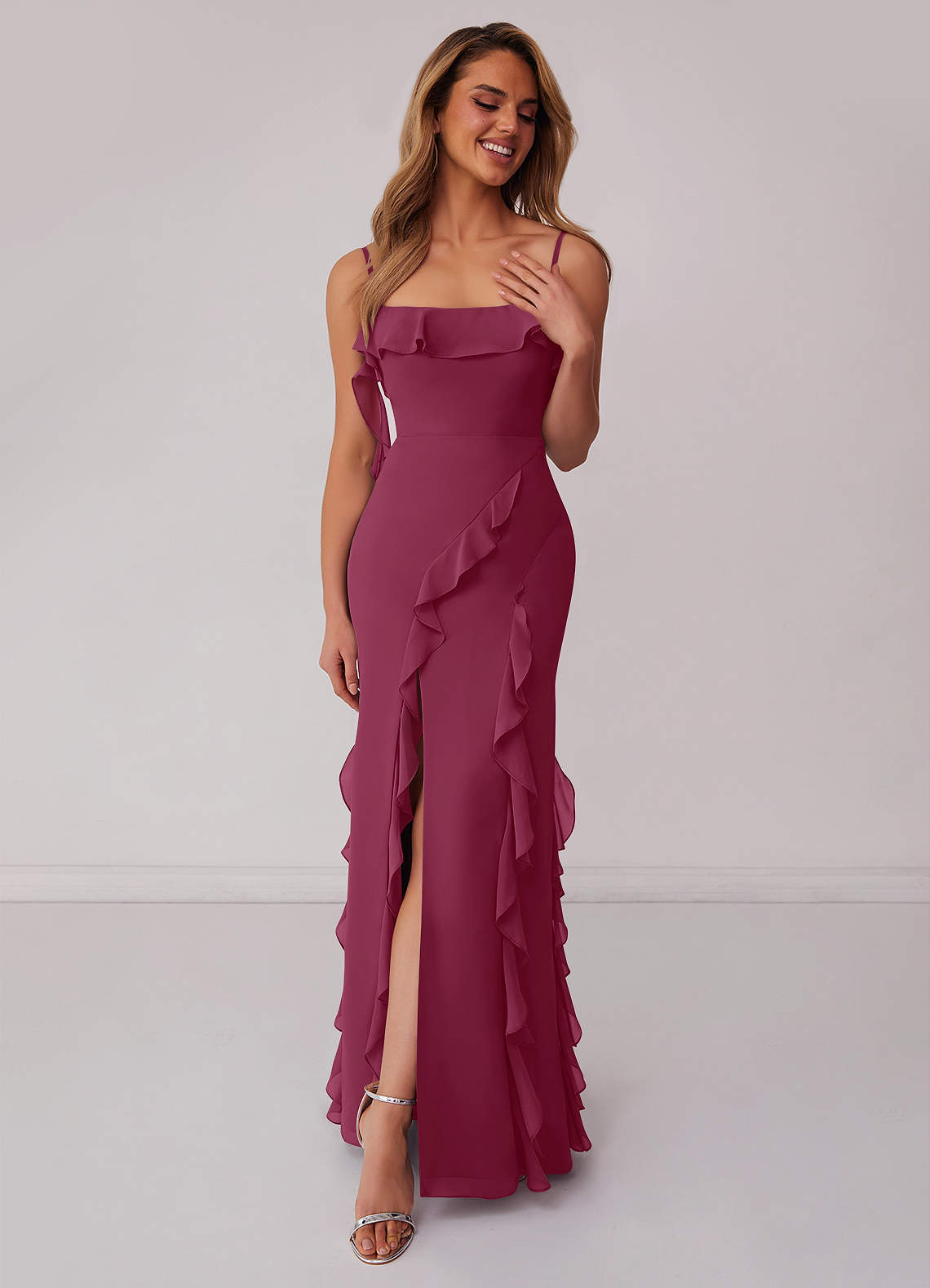 Chiffon Bridesmaid Gown with Slit and Cap Sleeves Mulberry