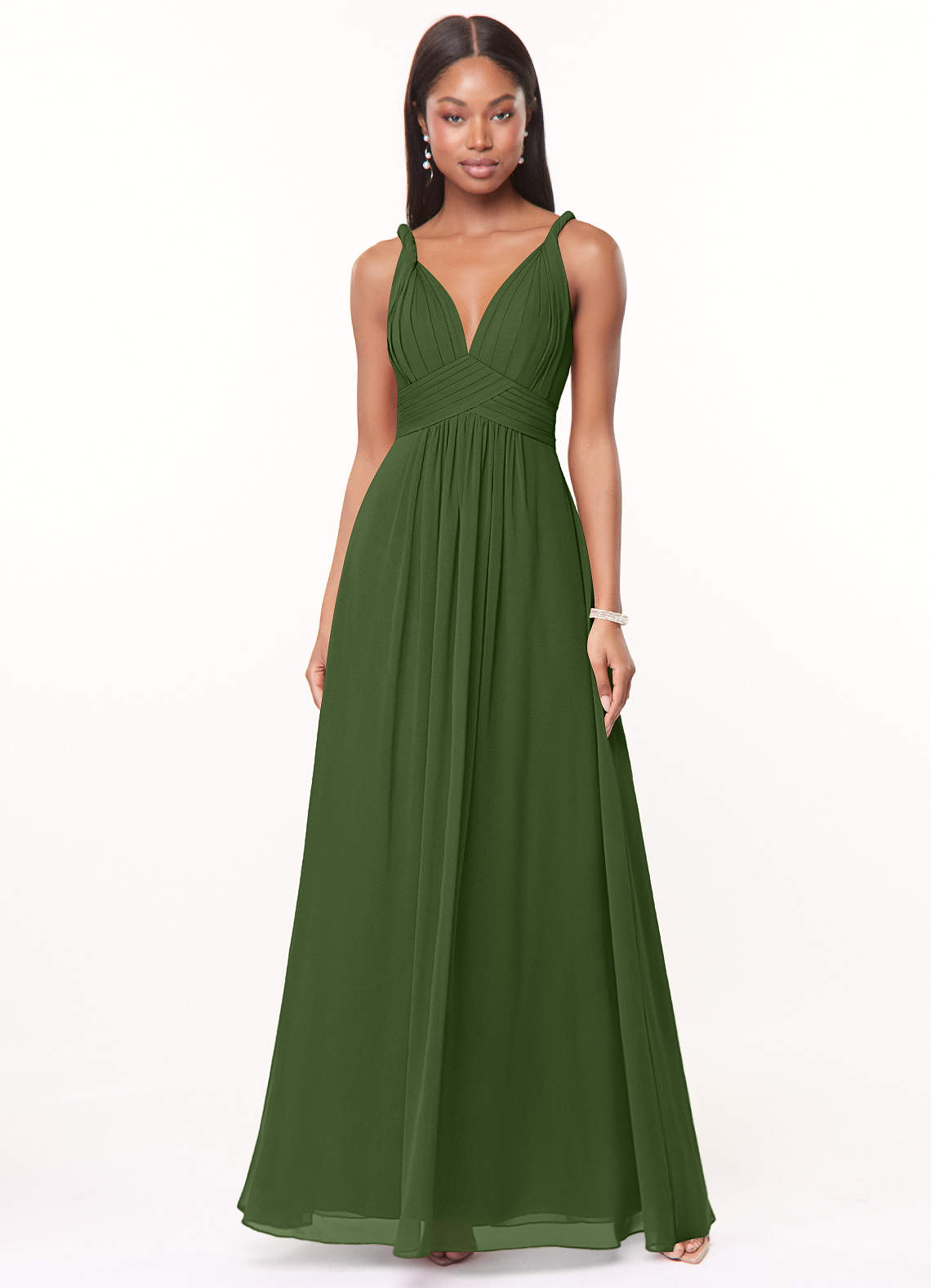 Azazie Maren Bridesmaid Dresses Olive A-Line Pleated Chiffon Dress image1