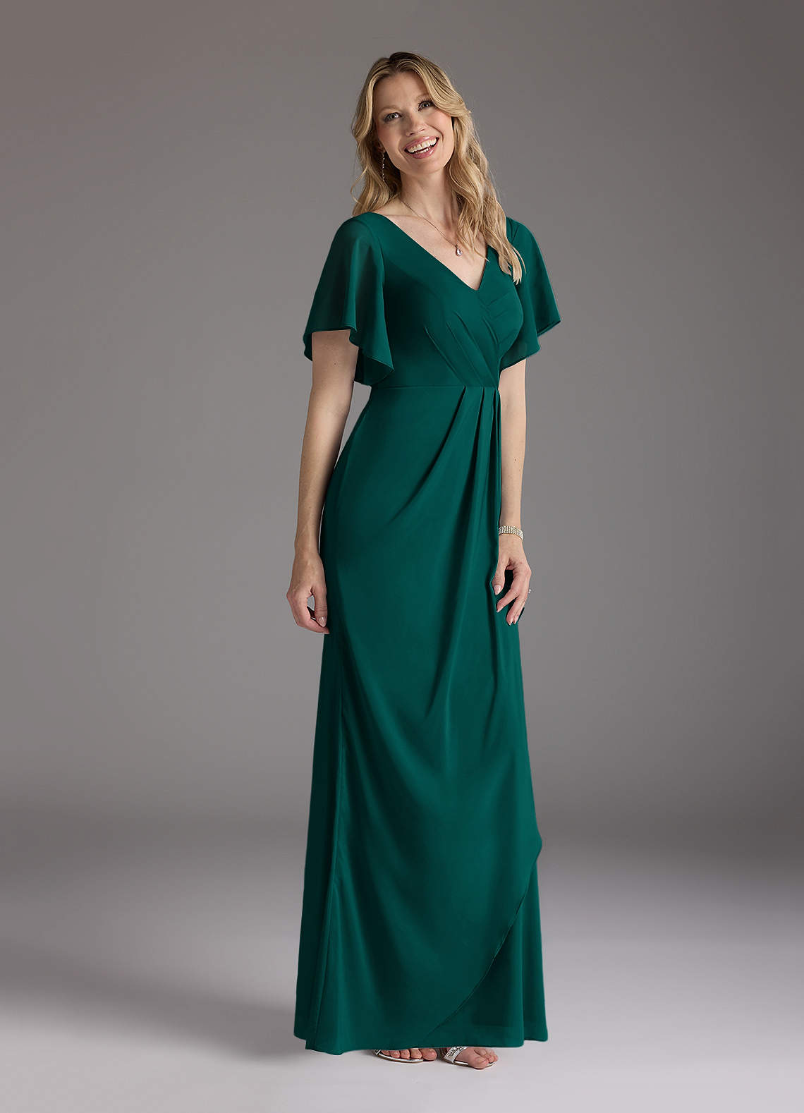 Azazie Song Mother of the Bride Dresses Pine Mermaid V-Neck Pleated Stretch Chiffon Dress image1
