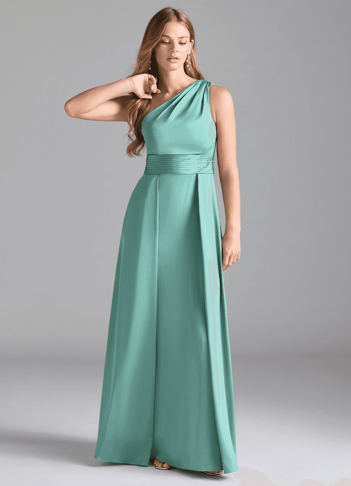 Azazie Dallas Vestidos de damas de honor Vestido de Aqua de Satén Elástico de Corte en A con Hombro unilateral image1
