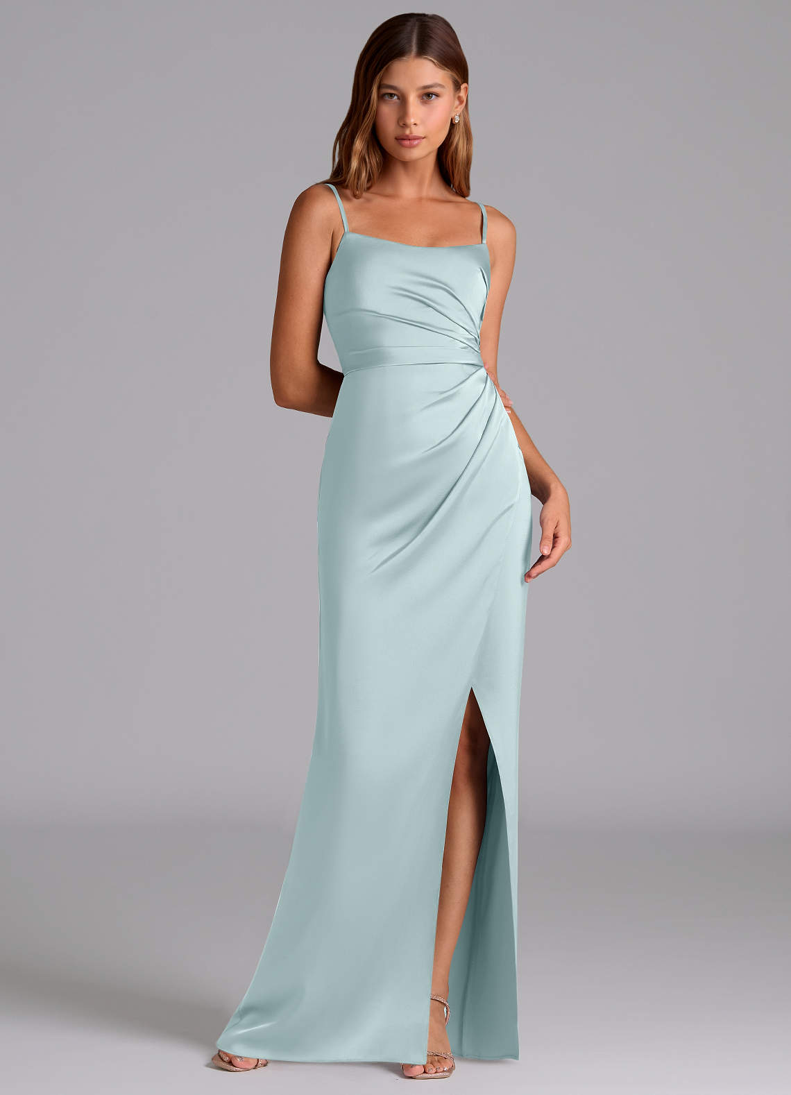 Satin Neckholder Brautjungfernkleid A-Linie Lang – Trägerlos, Gerüscht, Mit Schal, Für Formelle Anlässe