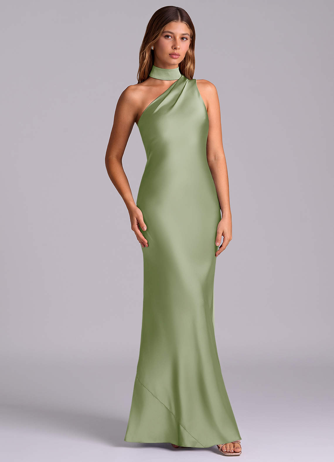 Azazie Seona Klänningar att prova hemma Klä av Sjöjungfru i Stretch Satin Ena axeln Dusty Sage image2