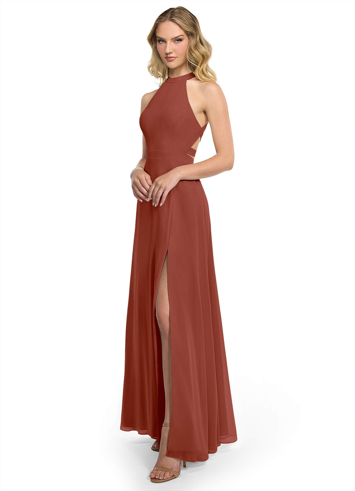 Azazie A-Line Halter Neck Floor-Length Chiffon Bridesmaid Dresses