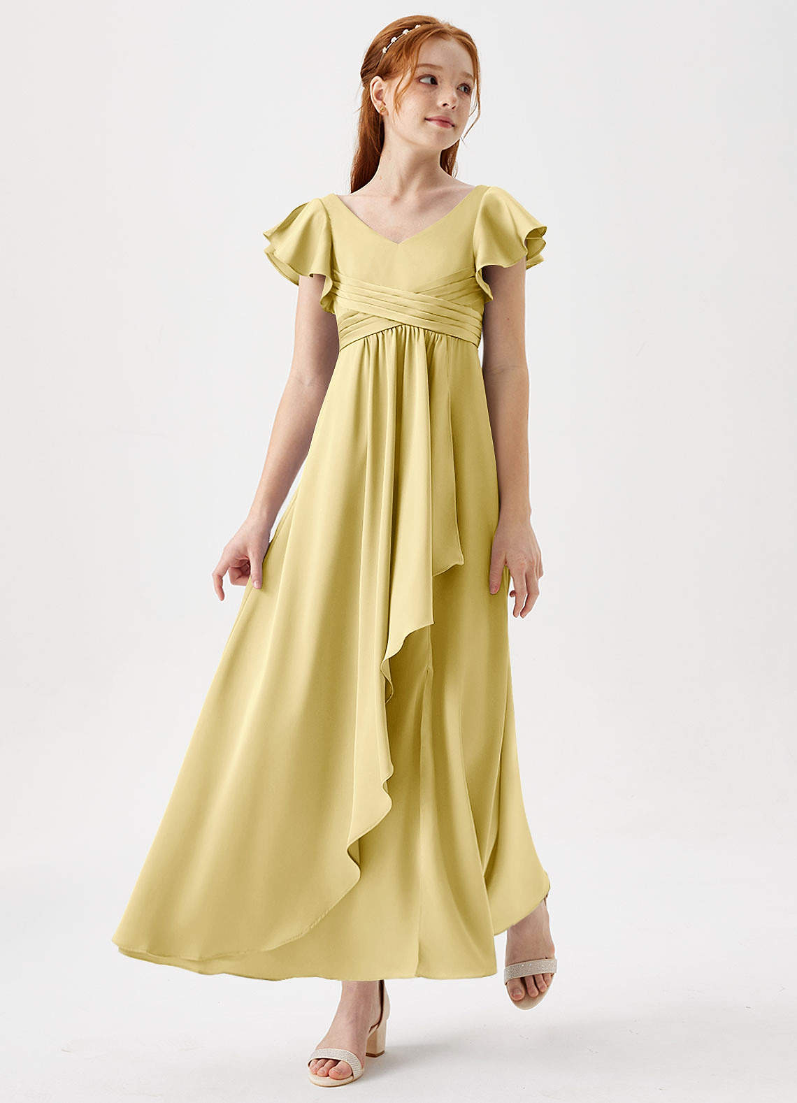 Azazie Omari Junior Lemon Sorbet A-Line Pleated Stretch Satin Dress image1