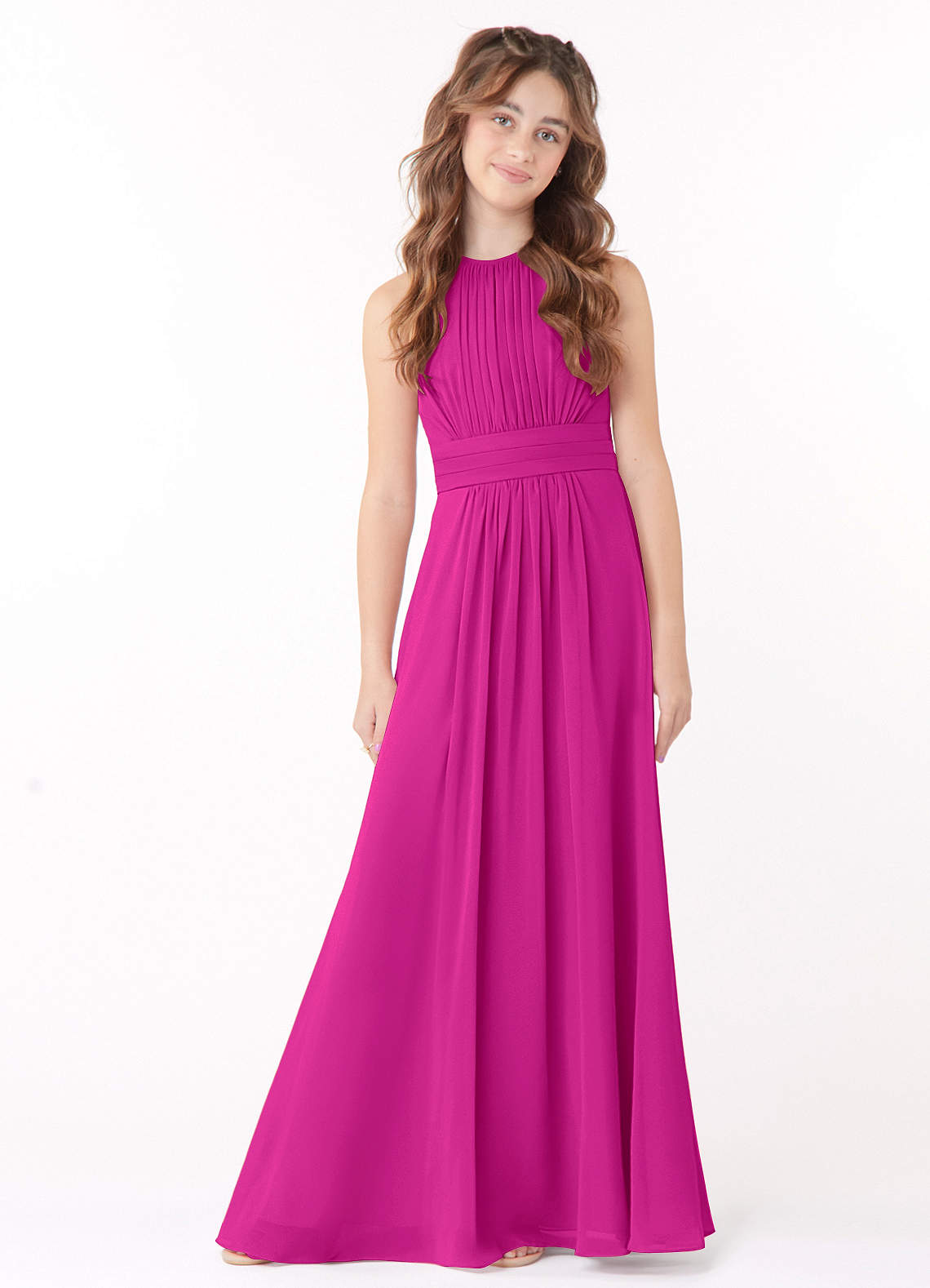 Azazie Bonnie Junior Fuchsia A-Line Pleated Chiffon Dress image1