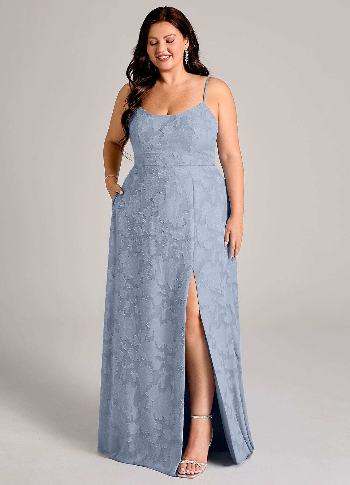 Azazie Moira Bridesmaid Dresses Dusty Blue A-Line Side Slit Floral Burnout Dress image9