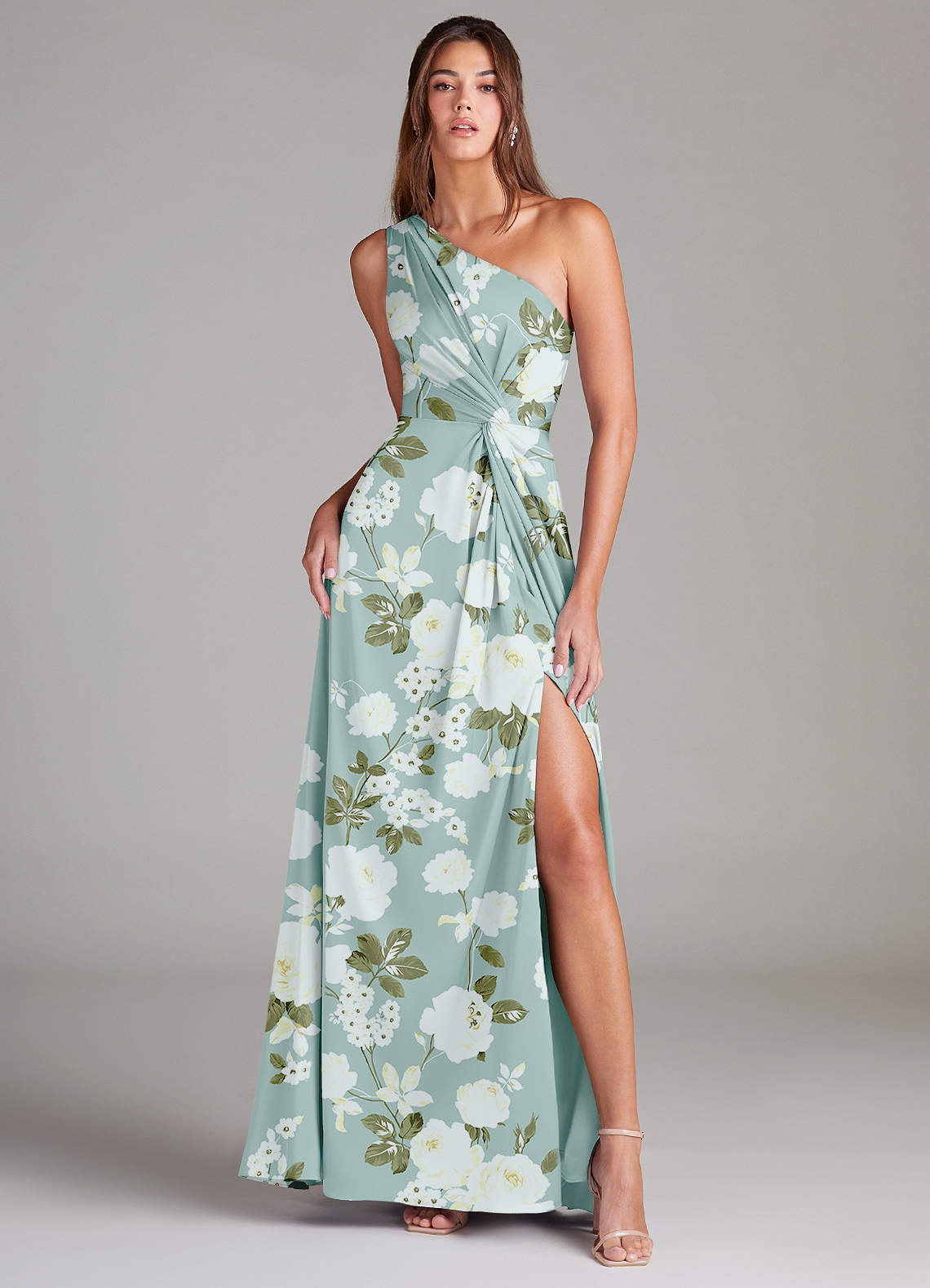 Azazie Brooke Bridesmaid Dresses Misty Floral Garden A-Line One Shoulder Stretch Satin Dress image1