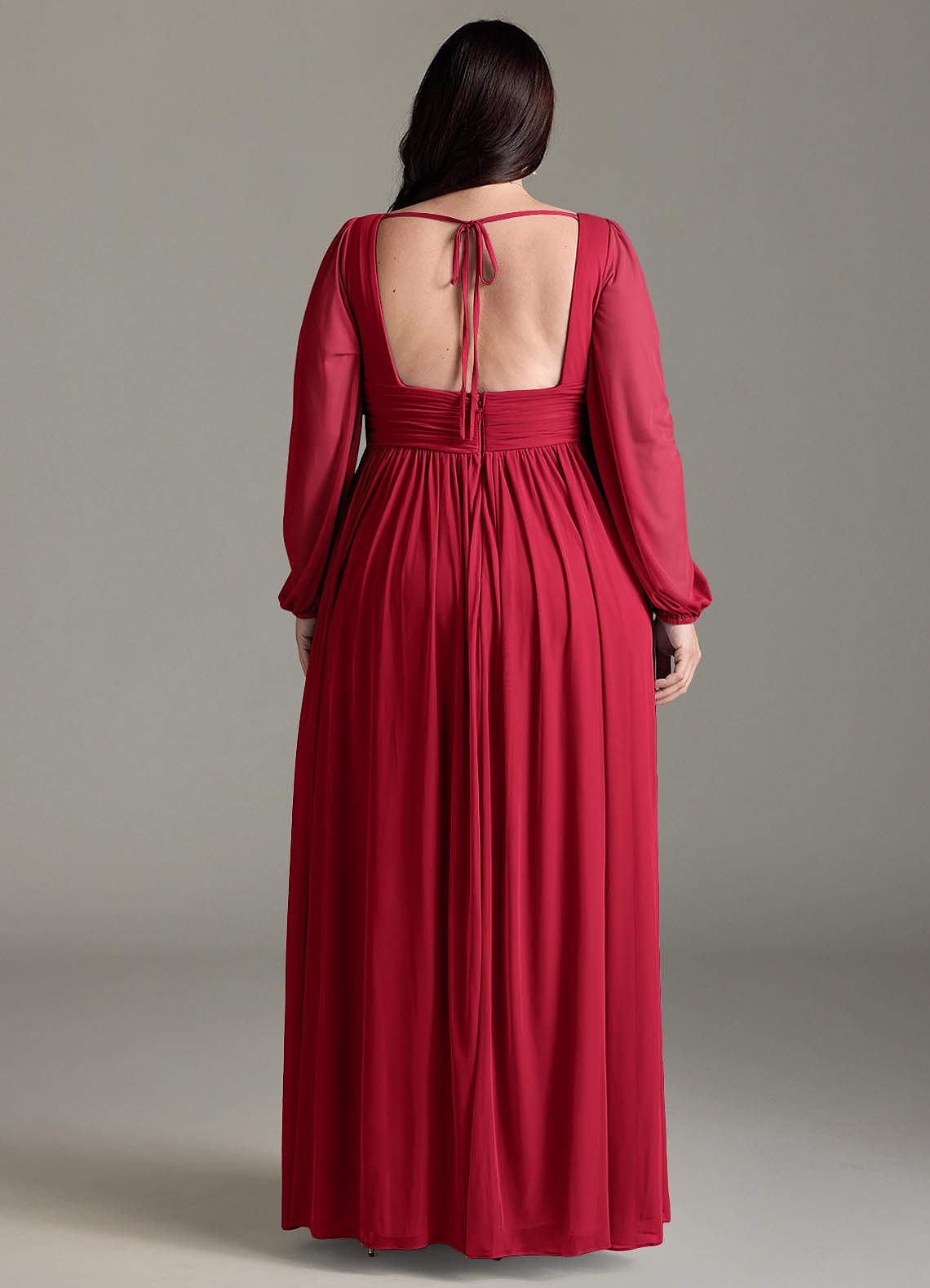 Azazie Plus Size A-Line V-Neck Long Sleeve Floor-Length Chiffon Bridesmaid Dresses - Scarlet