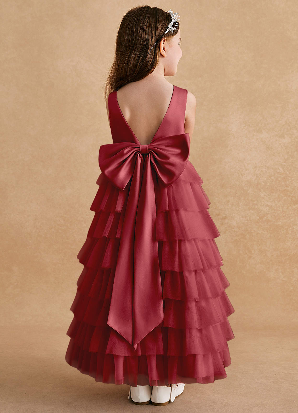 Azazie Twinkle Toes Flower Girl Dresses Pomegranate A-Line Bow Tulle Dress image1