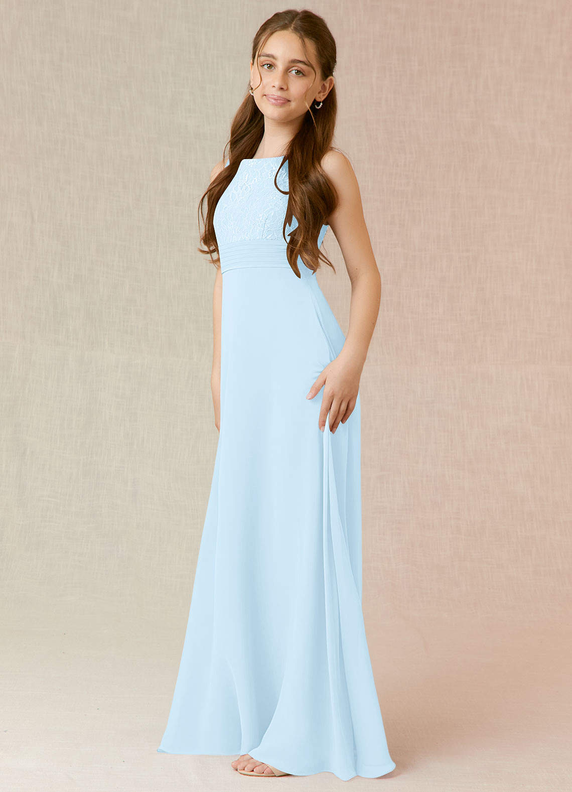 Azazie Snow Junior Sky Blue A-Line Lace Chiffon Dress image2