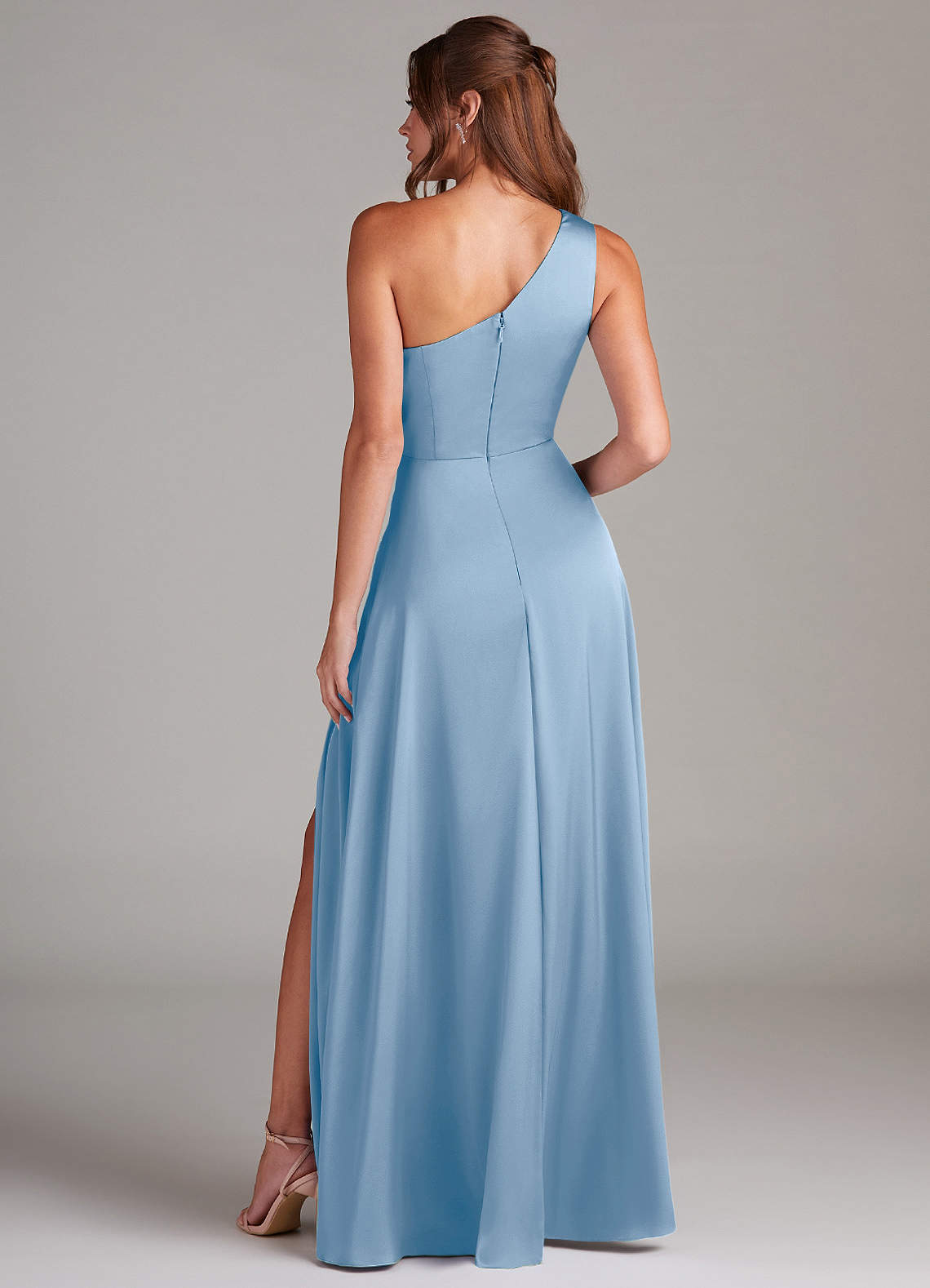 Azazie Brooke Bridesmaid Dresses Powder Blue A-Line One Shoulder Stretch Satin Dress image7