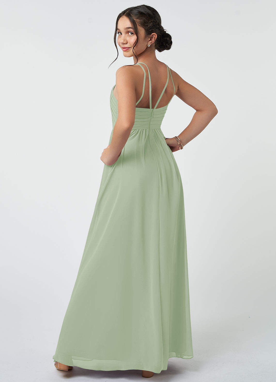 Azazie Leighton Junior Dusty Sage A-Line Pleated Chiffon Dress image4