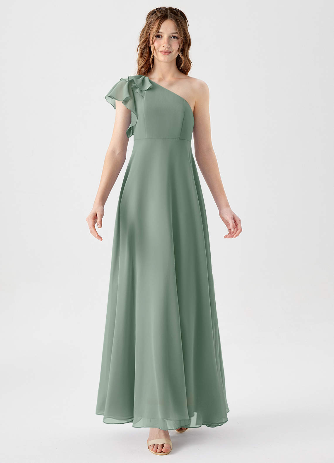 Azazie Arabella Junior Vestido Sálvia Prateada de Chiffon de Linha A com Franzido image4