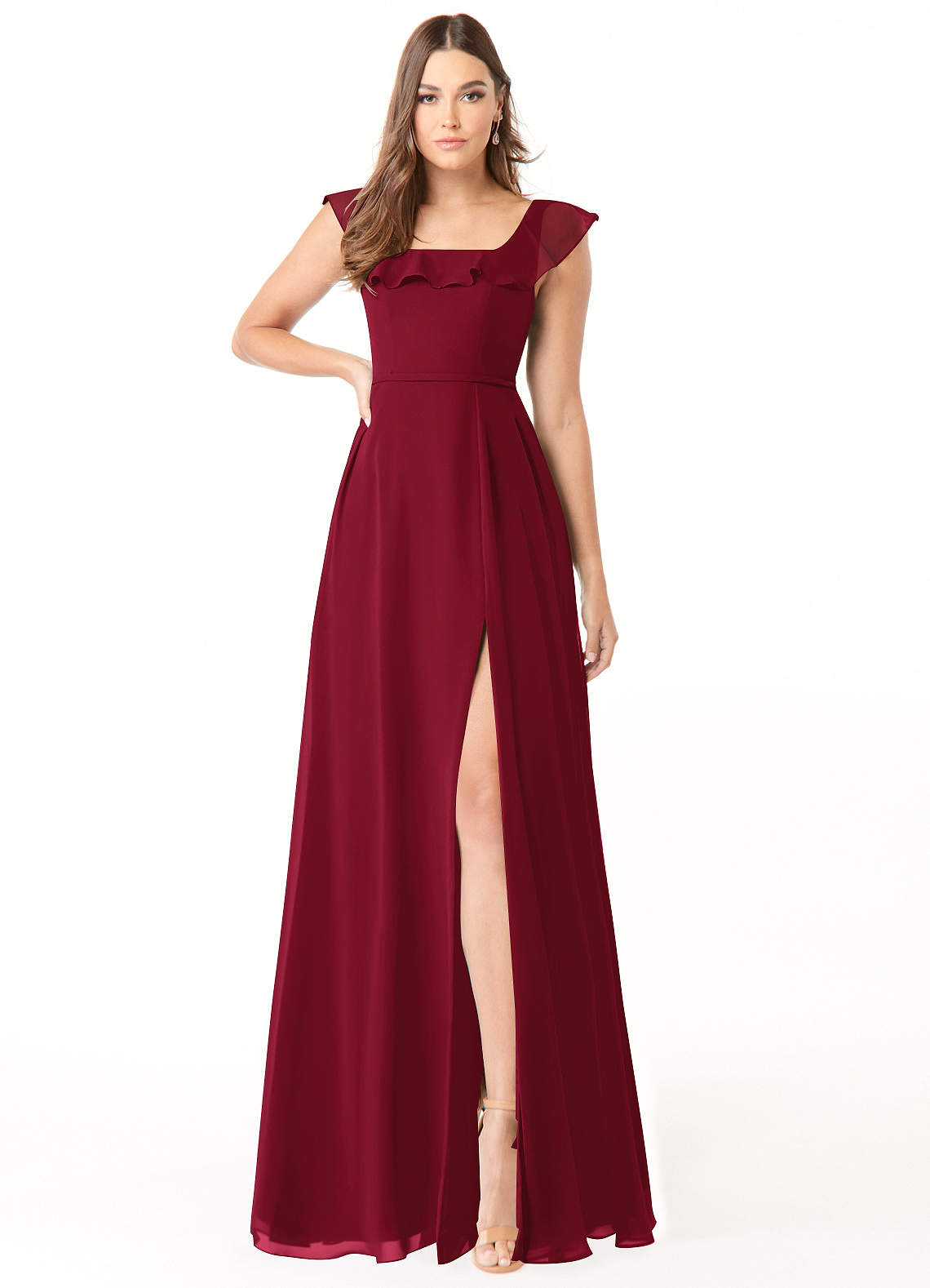 Azazie Jinny Brautjungfernkleider A-Linie Quadratischer Ausschnitt Gerüscht Chiffon Kleid Burgunderrot image1