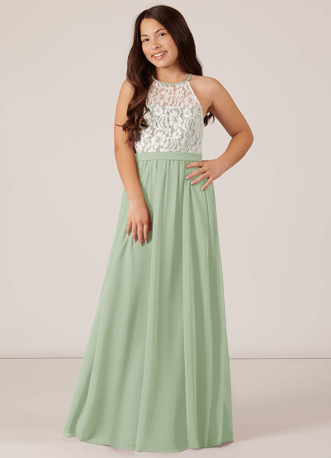 Azazie Fahari Junior Dusty Sage A-Line Lace Chiffon Dress image1