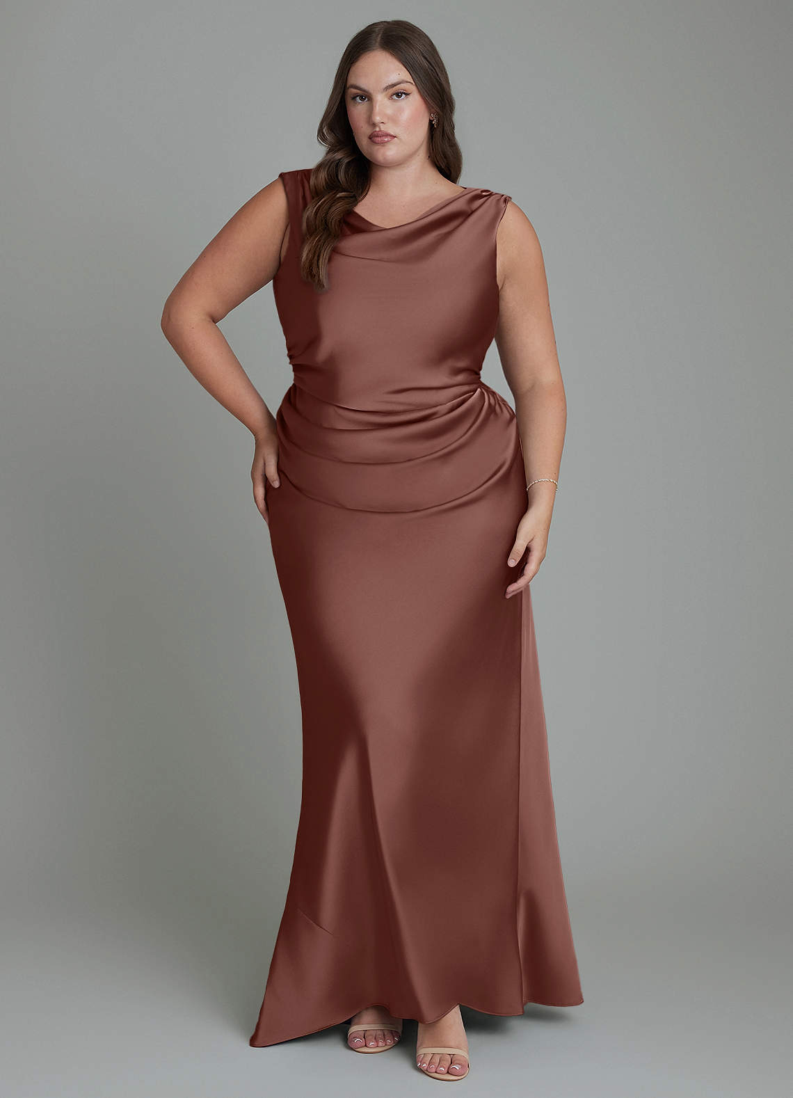 Azazie Kieryn Bridesmaid Dresses Espresso Mermaid Pleated Stretch Satin Dress image6