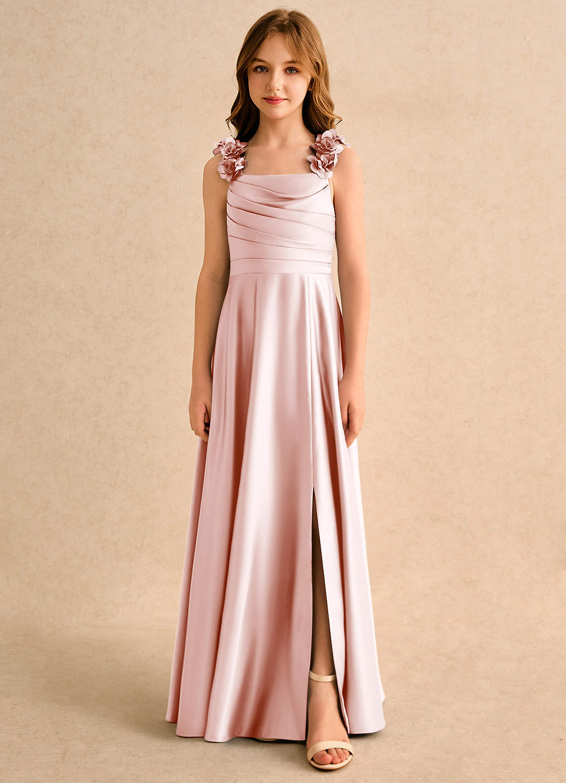 Azazie Rosita Junior Formal Flower Girl Dresses Blushing Pink A-Line Pleated Matte Satin Dress image2