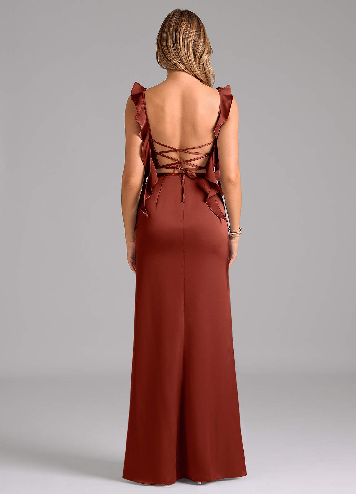 Azazie Jessamine Robes de demoiselle d'honneur Robe Fourreau en Satin extensible Corset Terracotta image5