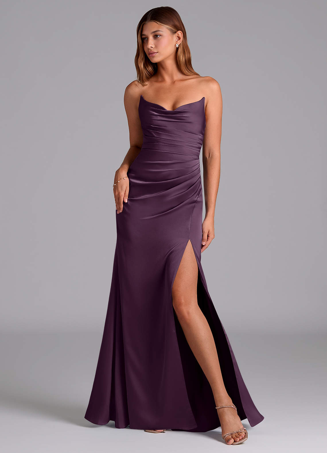 Azazie Claudelle Plum Stretch Satin Bridesmaid Dresses | Azazie