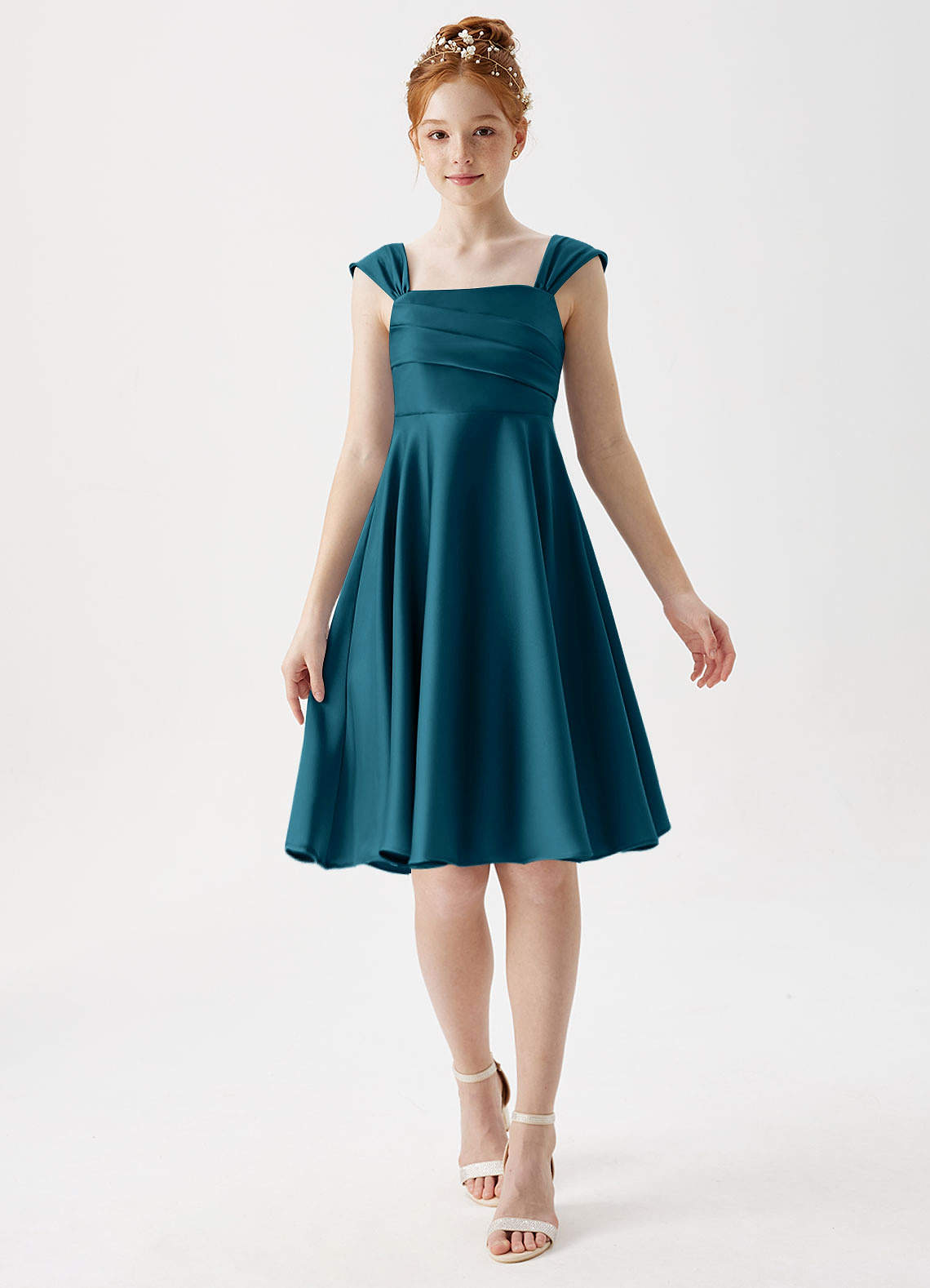 Azazie Amira Junior Ink Blue A-Line Pleated Stretch Satin Dress image1
