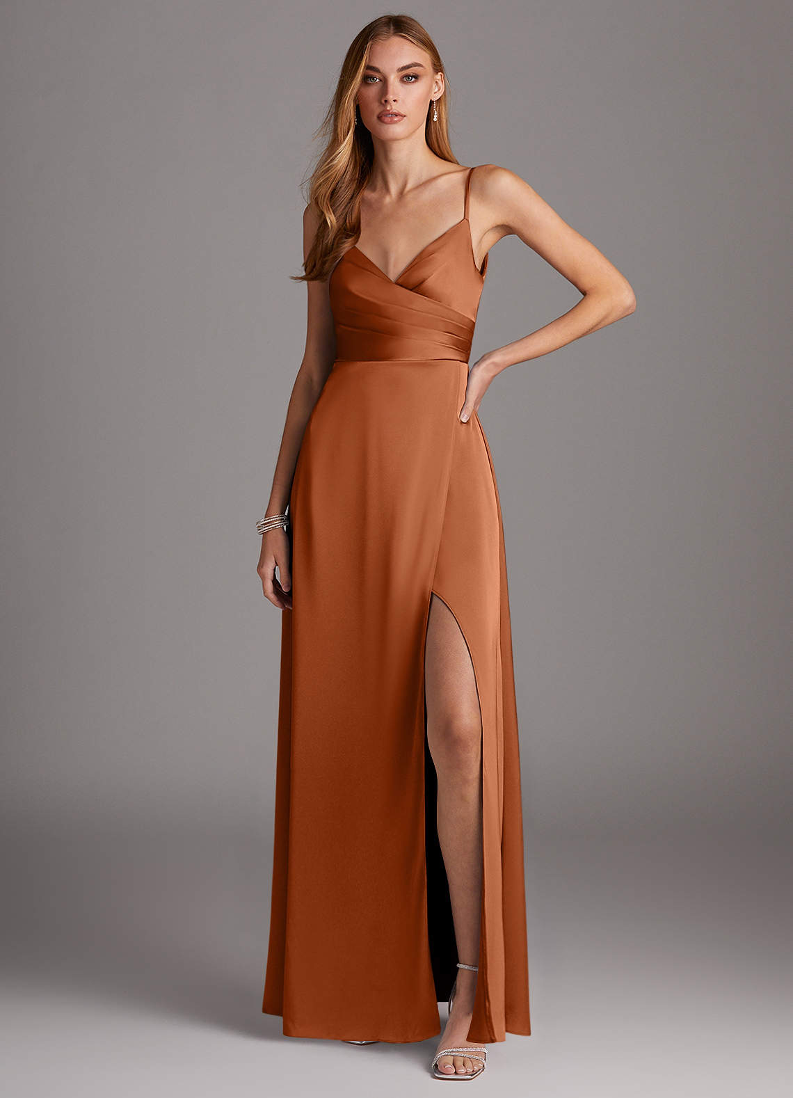 Azazie Calissa Bridesmaid Dresses Copper A-Line V-Neck Pleated Stretch Satin Dress image1