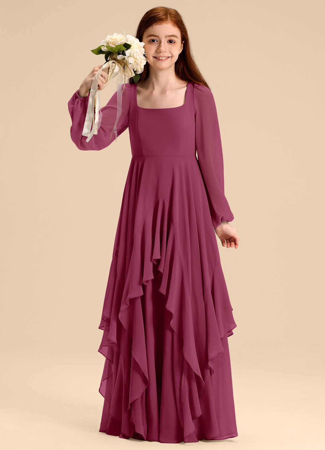 Azazie Clara Junior Abito A-Line in Chiffon Blusa Gelso image1