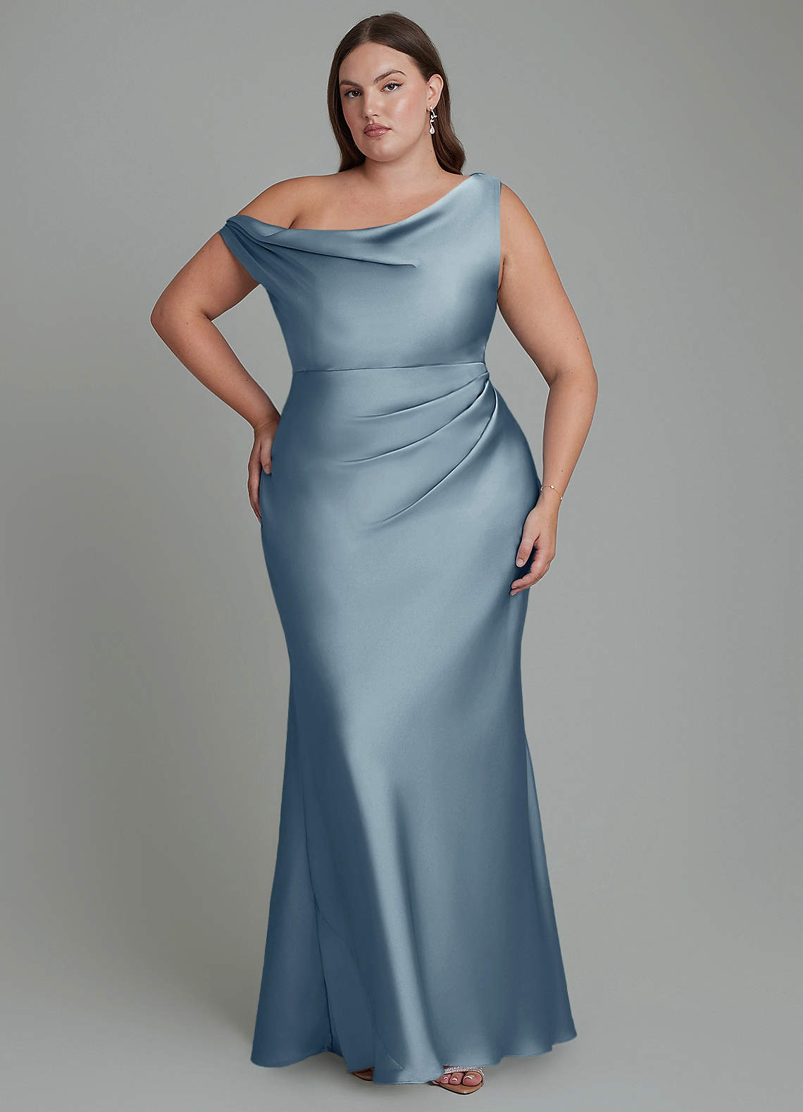 Azazie Emerson Bridesmaid Dresses Dusty Blue Mermaid Off the Shoulder Stretch Satin Dress image7