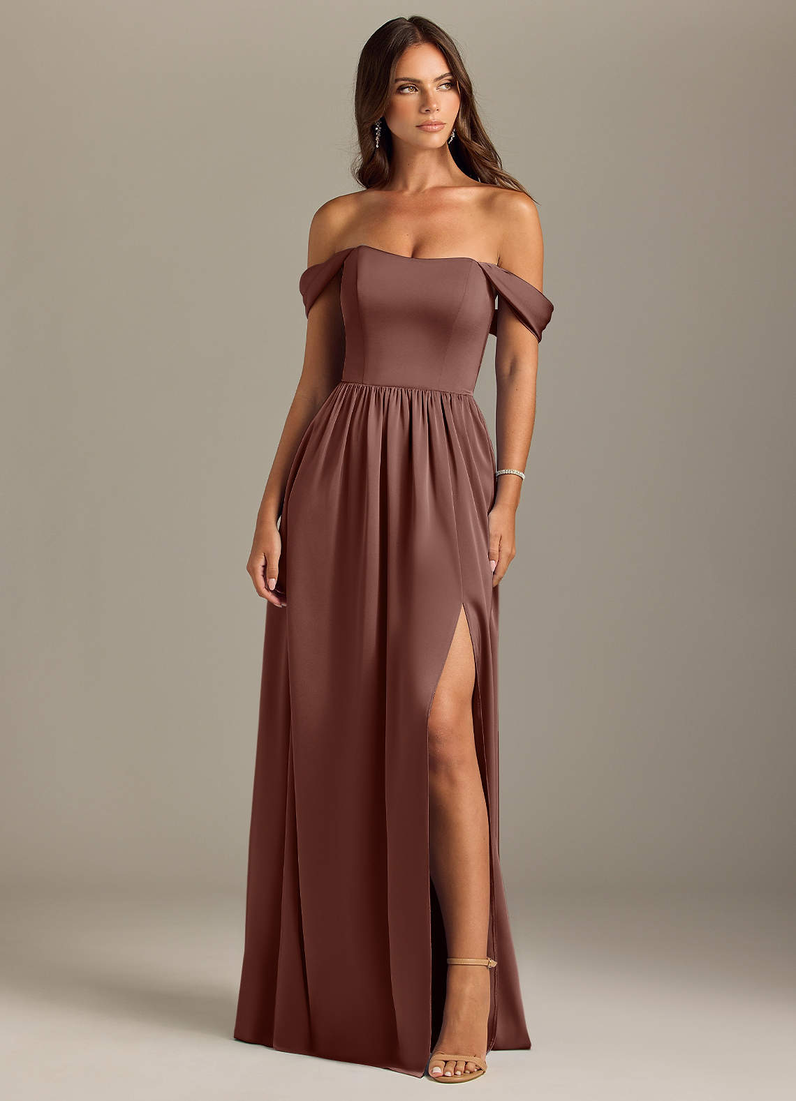 Azazie Calianna Bridesmaid Dresses Espresso A-Line Off the Shoulder Stretch Satin Convertible Dress image1