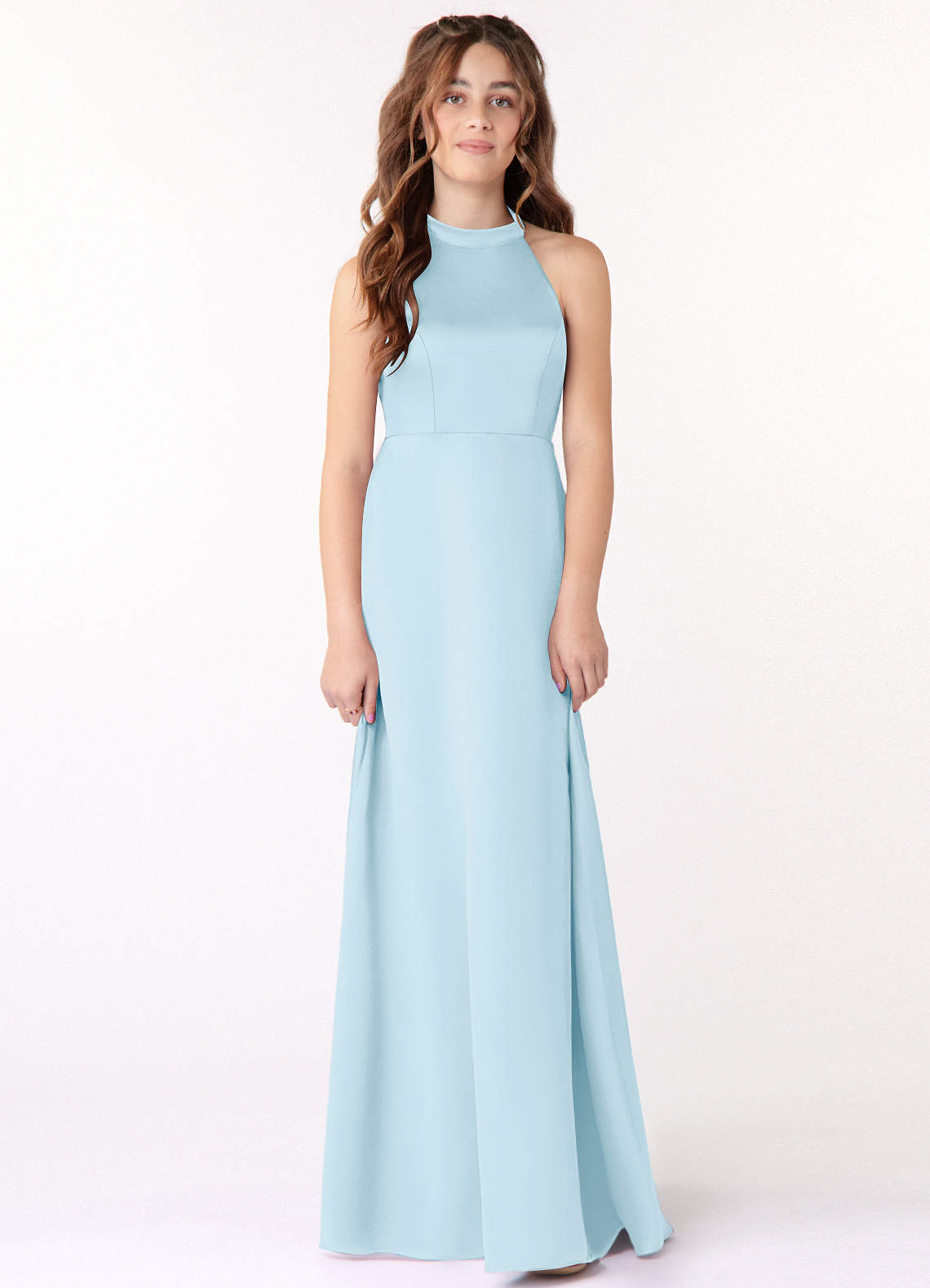 Azazie Laurel Junior Sky Blue A-Line Stretch Satin Dress image1