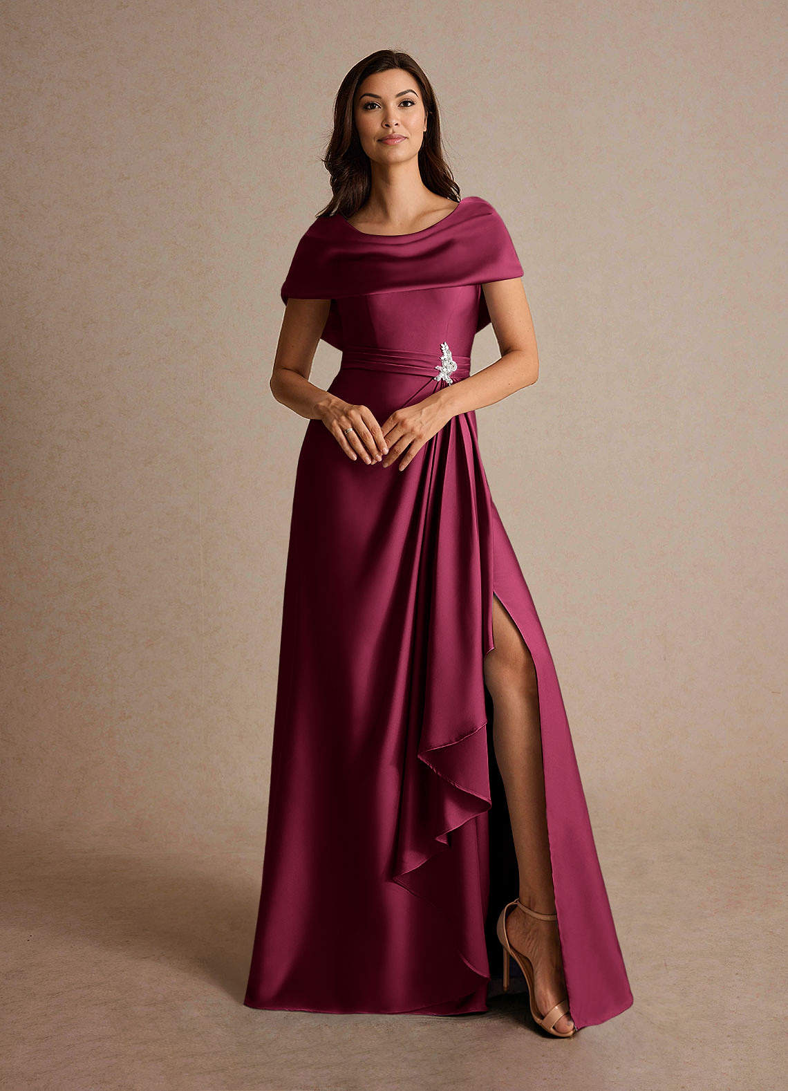 ross burgundy dresses Azazie A-Line/Princess Cowl Neck Floor-Length Stretch Satin Mother of the Bride or Groom Not doubled