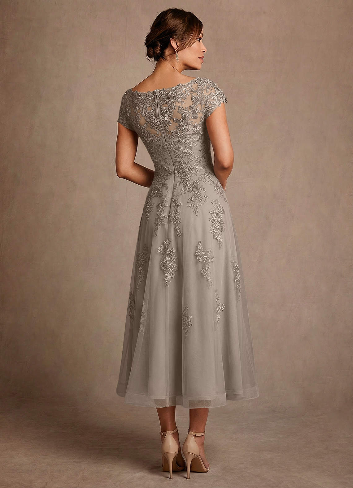 Azazie Jolanda Mother of the Bride Dresses Taupe A-Line Lace Dress image1