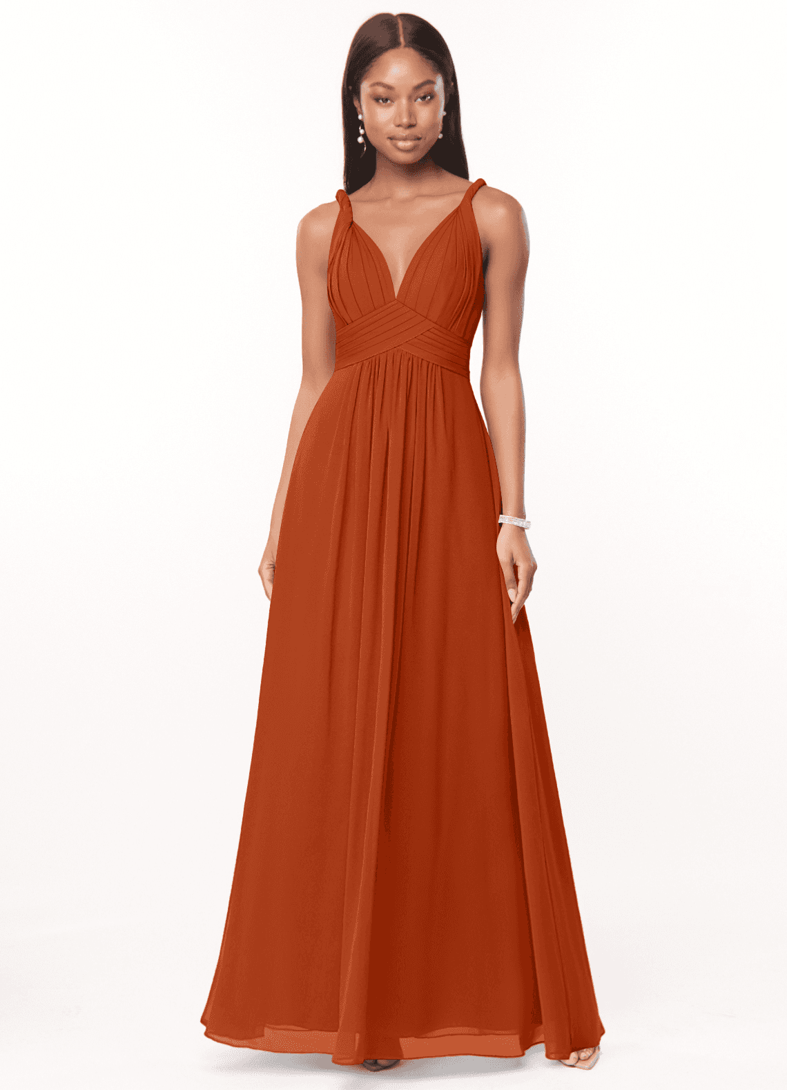 Azazie Maren Brautjungfernkleider A-Linie Plissee Chiffon Kleid Gebranntes Orange image1