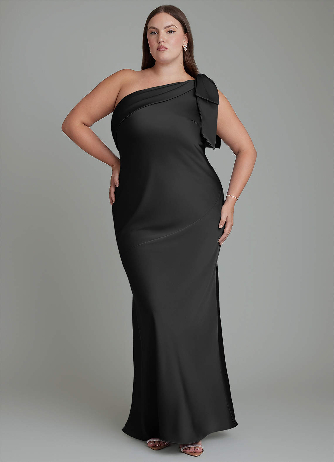 Azazie Yuanna Bridesmaid Dresses Black Mermaid One Shoulder Stretch Satin Dress image1