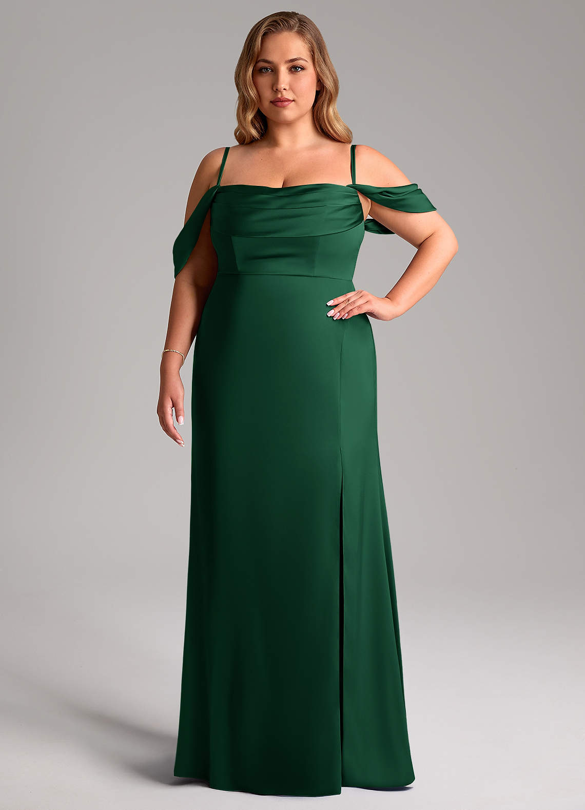 Azazie Saige Bridesmaid Dresses Dark Green Sheath Off the Shoulder Stretch Satin Dress image14